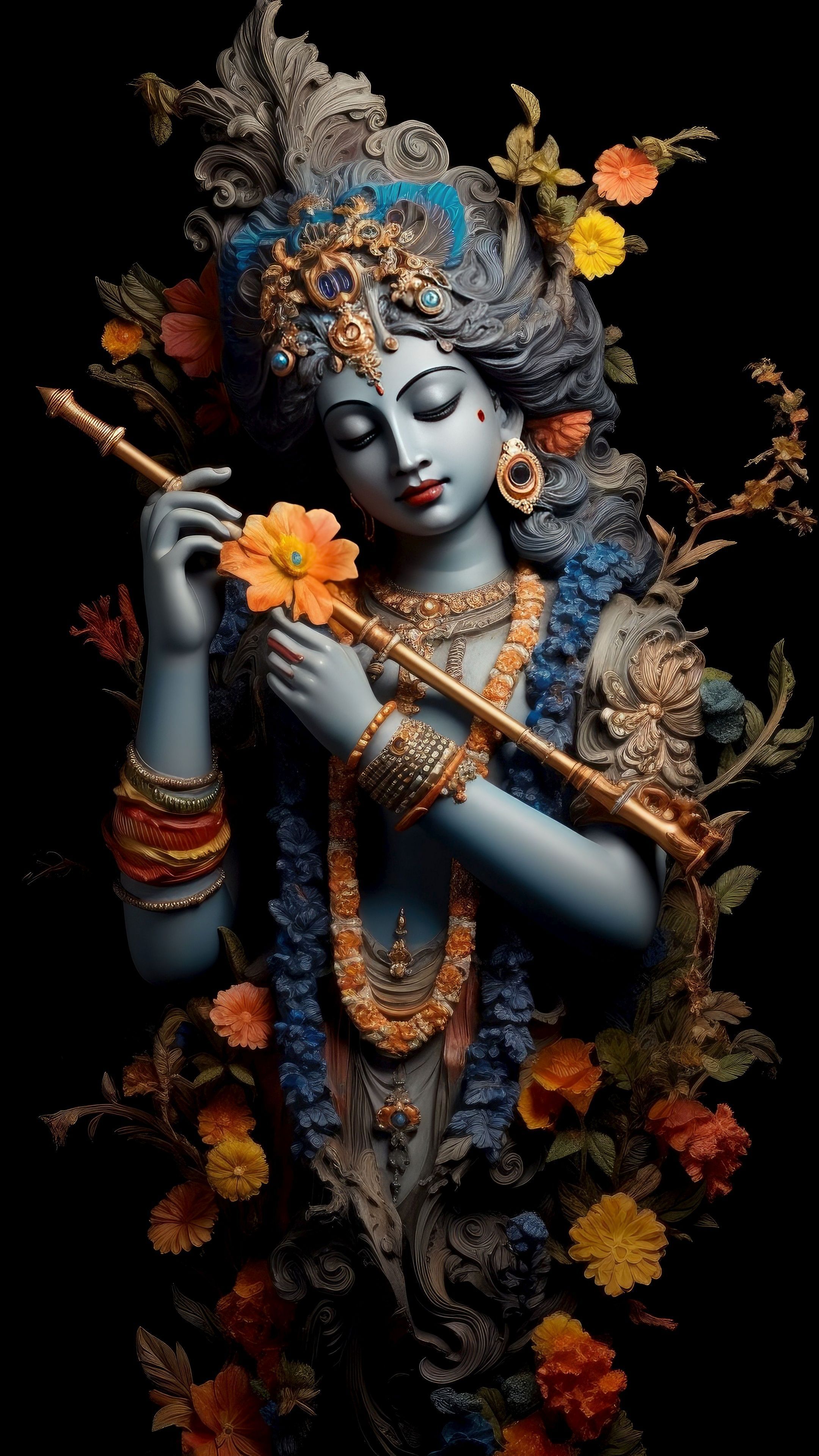 2160x3840 Lord Krishna Wallpaper 4K, AI art, Black background, 10K