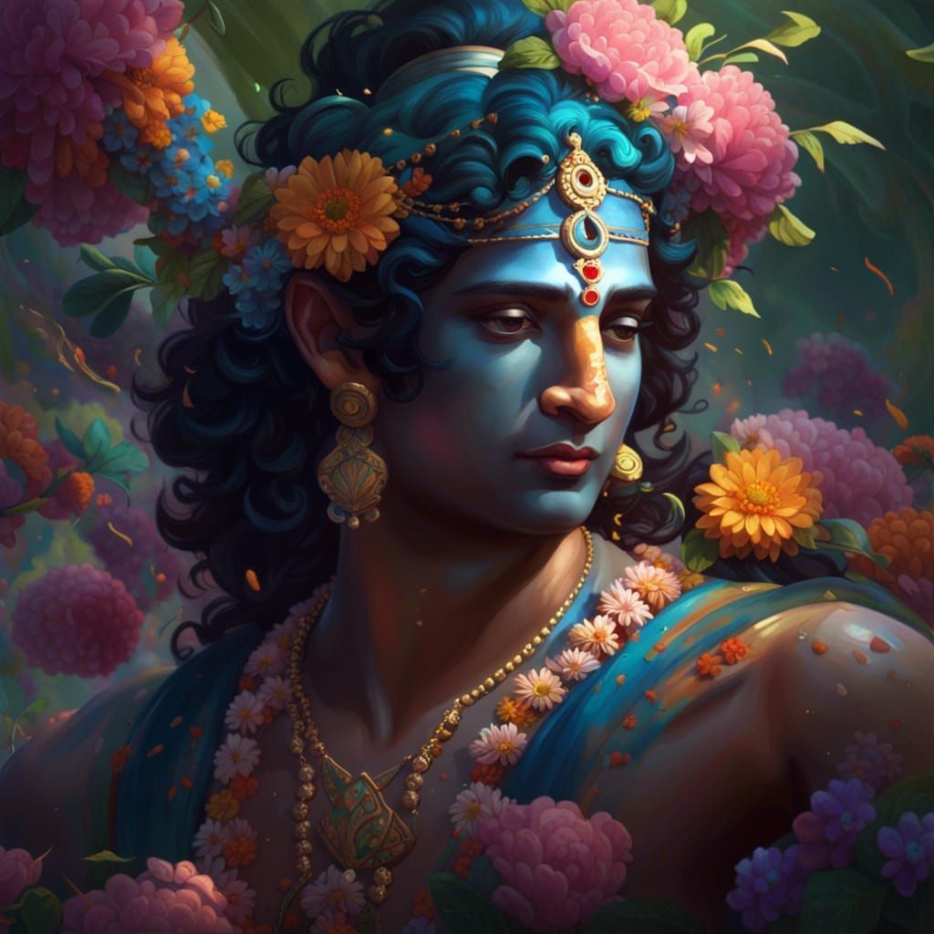 1024x1024 Lord Shri Krishna Dancing in Forest: Hyperdetailed