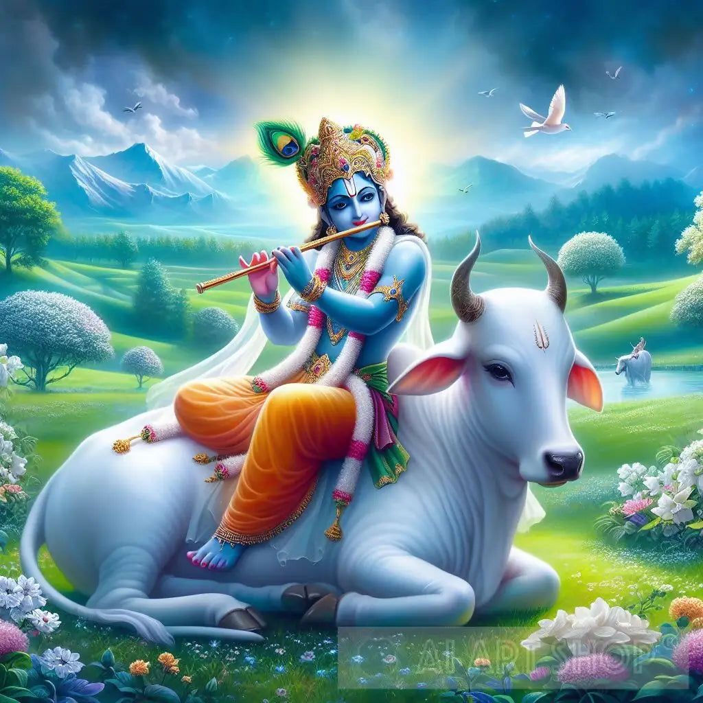 1024x1024 Lord Krishna sitting on a cow