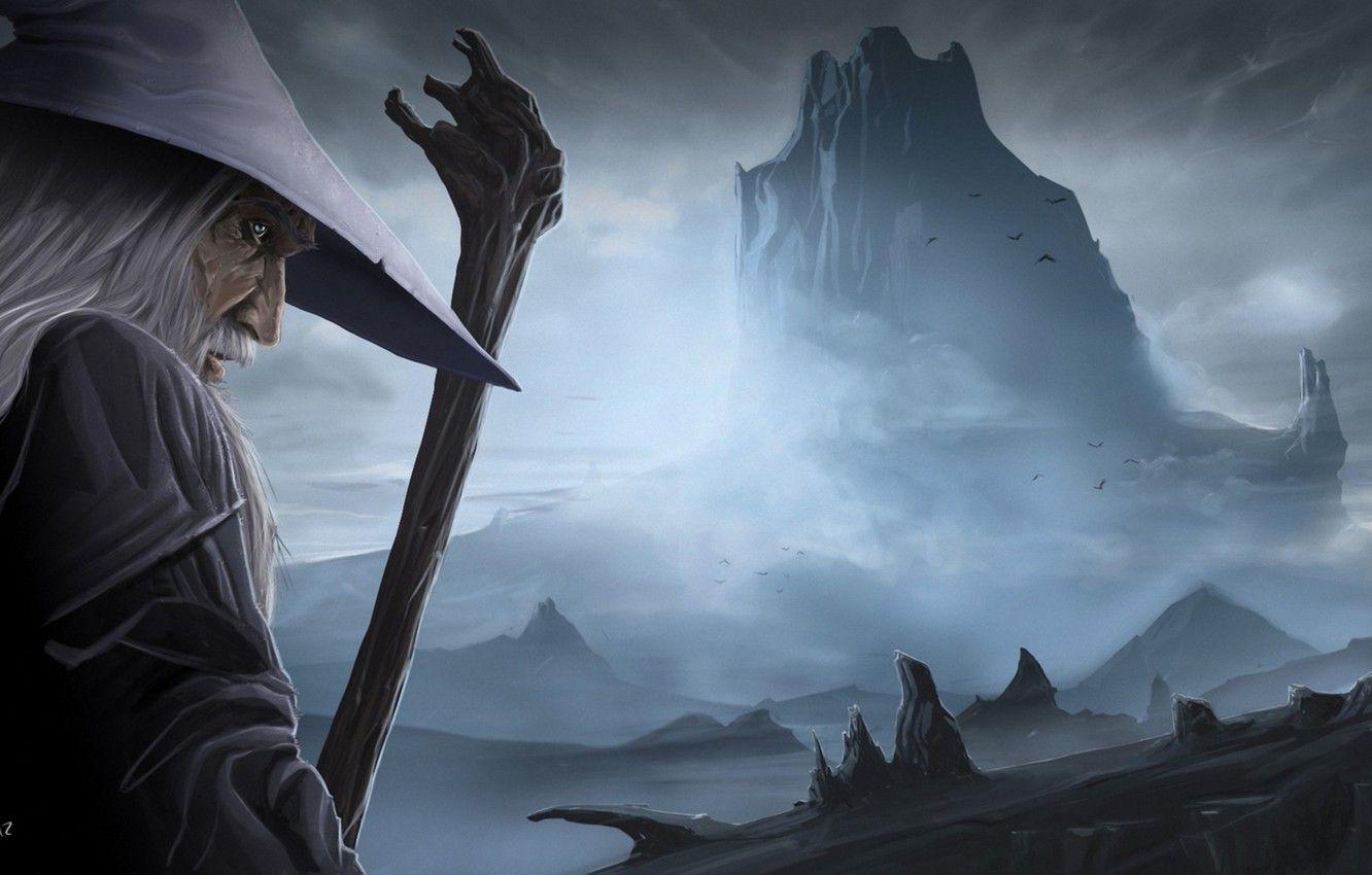 1332x850 Wallpaper mountain, hat, art, the old man, staff, Gandalf