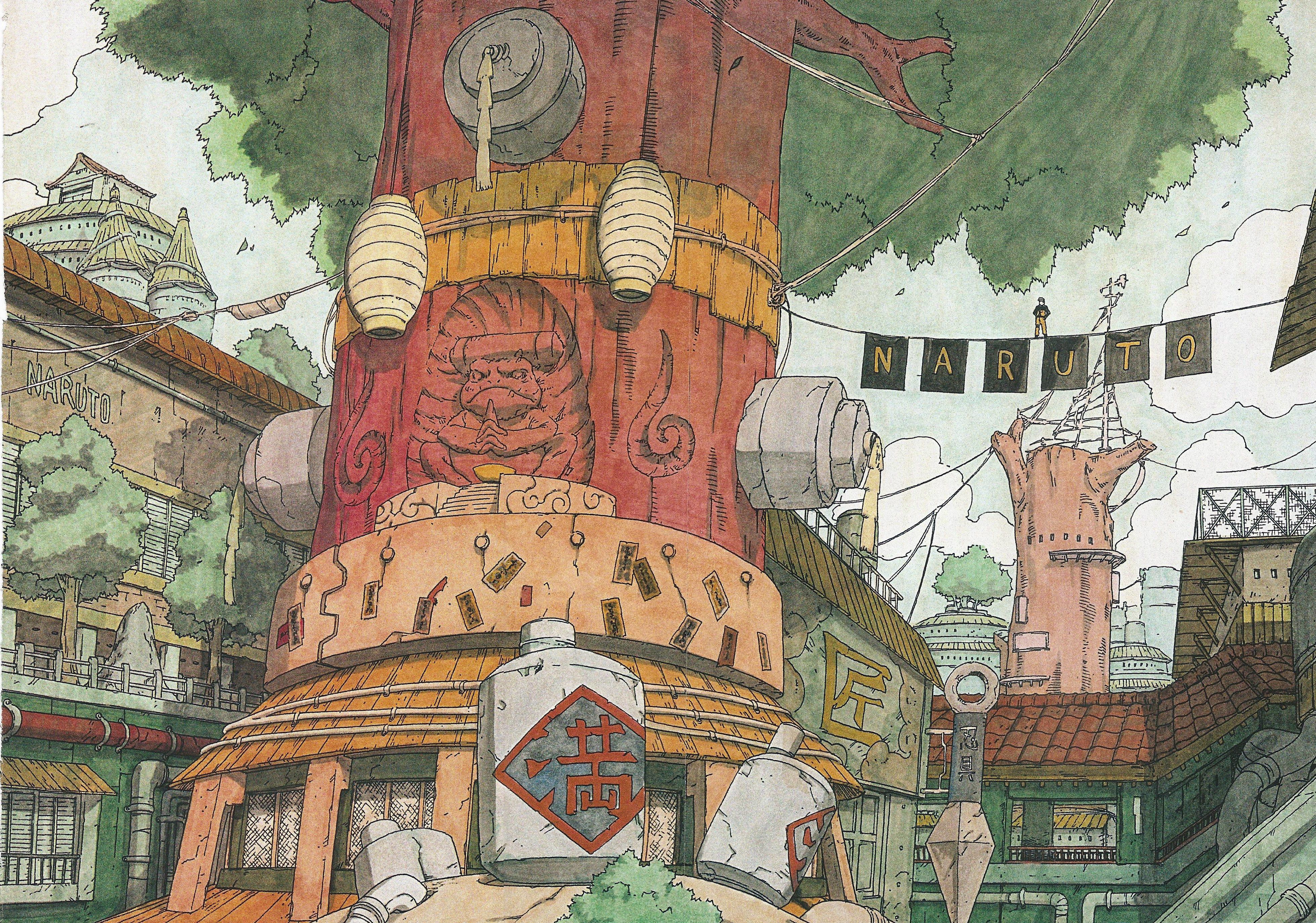 3919x2750 Wallpaper street, wire, home, lights, sign, Naruto, the trunk of the tree, Naruto Shippuden for mobile and desktop, section сёнэн, resolution 3919x2750