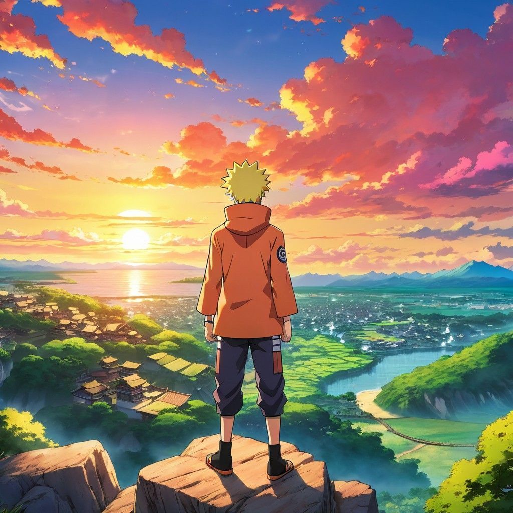 1024x1024 Naruto in Sunset Konoha Landscape. Stable Diffusion Online