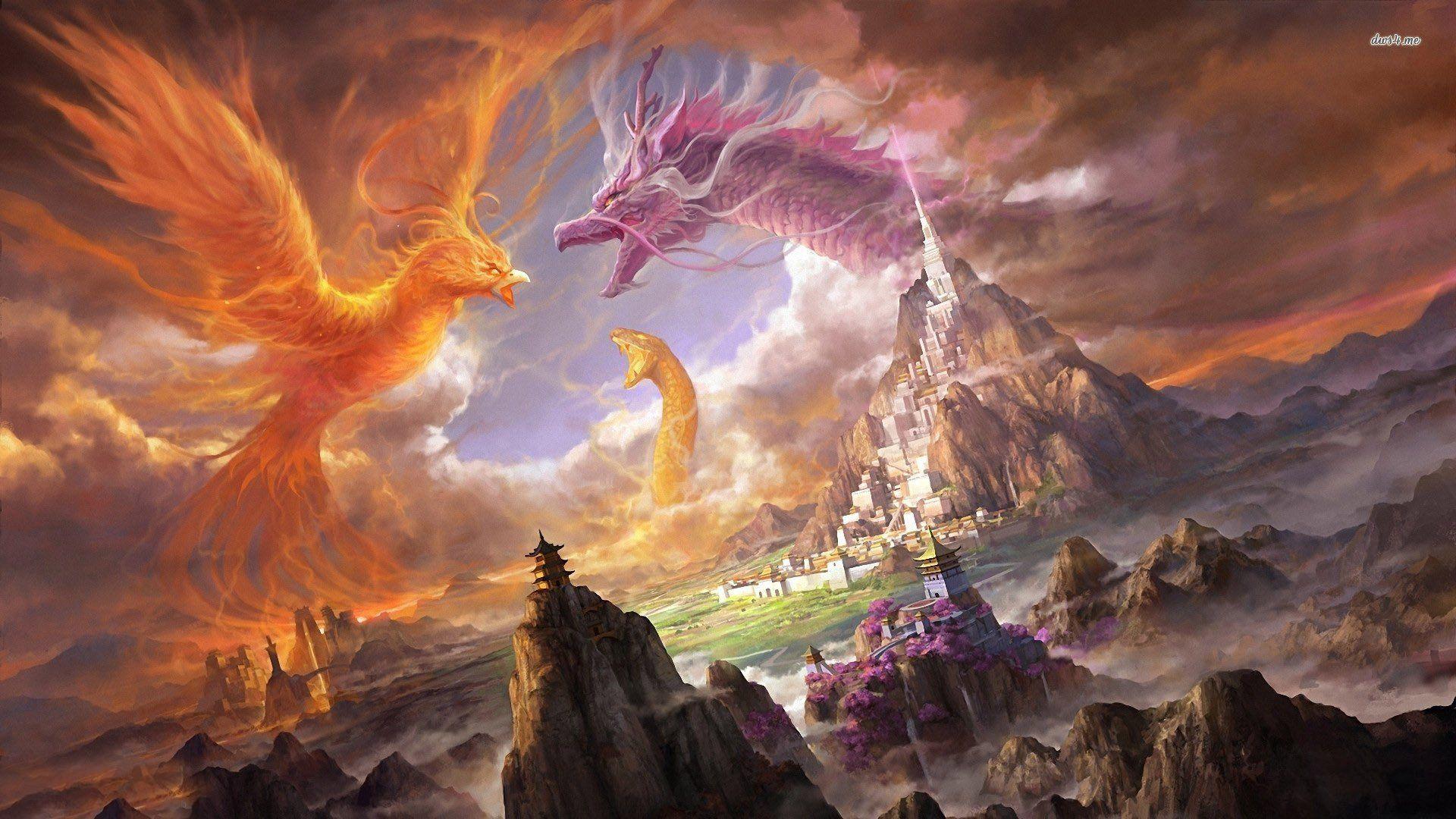 1920x1080 Dragon and Phoenix Wallpaper