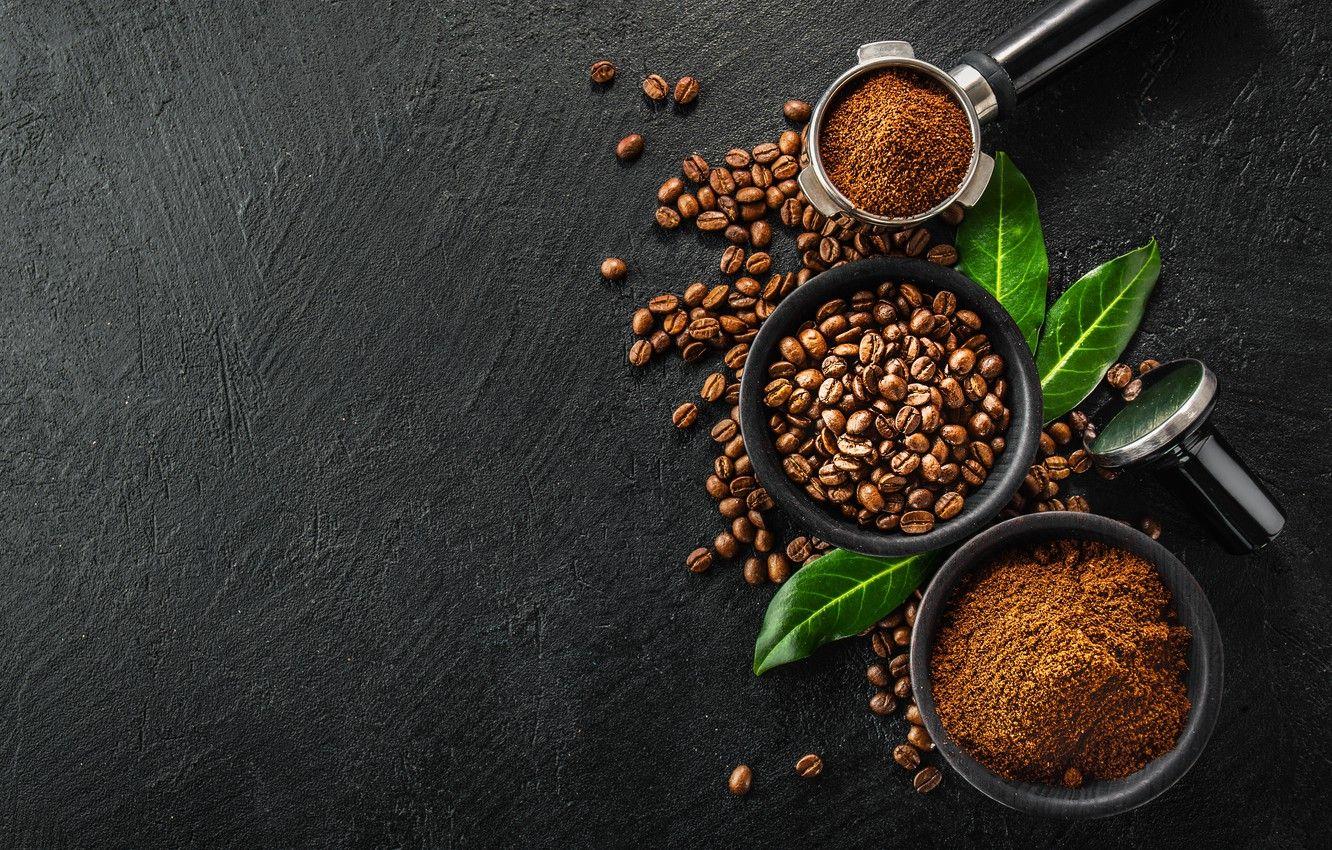 1332x850 Wallpaper leaves, coffee, black background, grain, coffee grinder