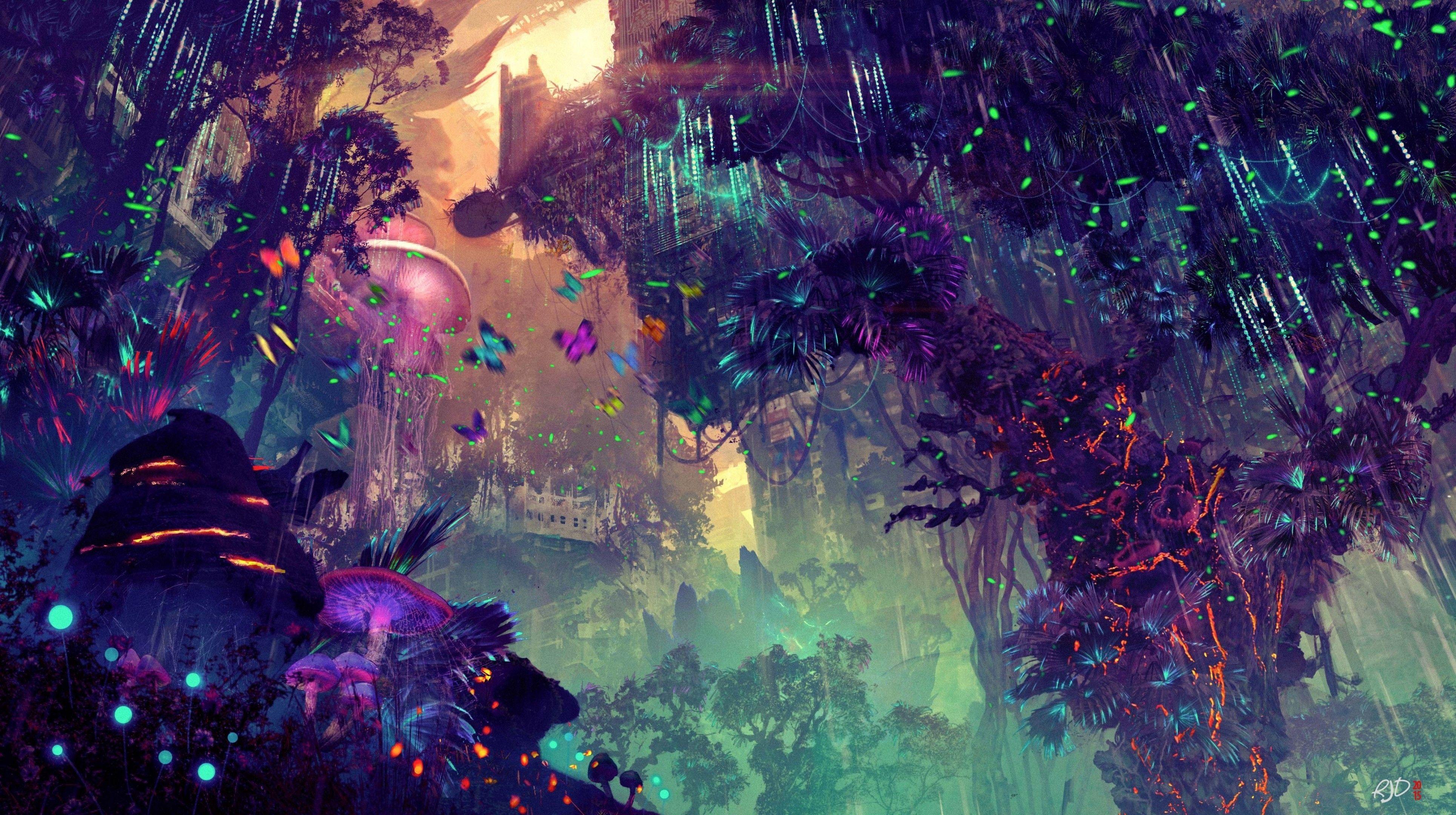3860x2160 Download 3860x2160 Fantasy World, Glow, Plants, Sci Fi, Artwork