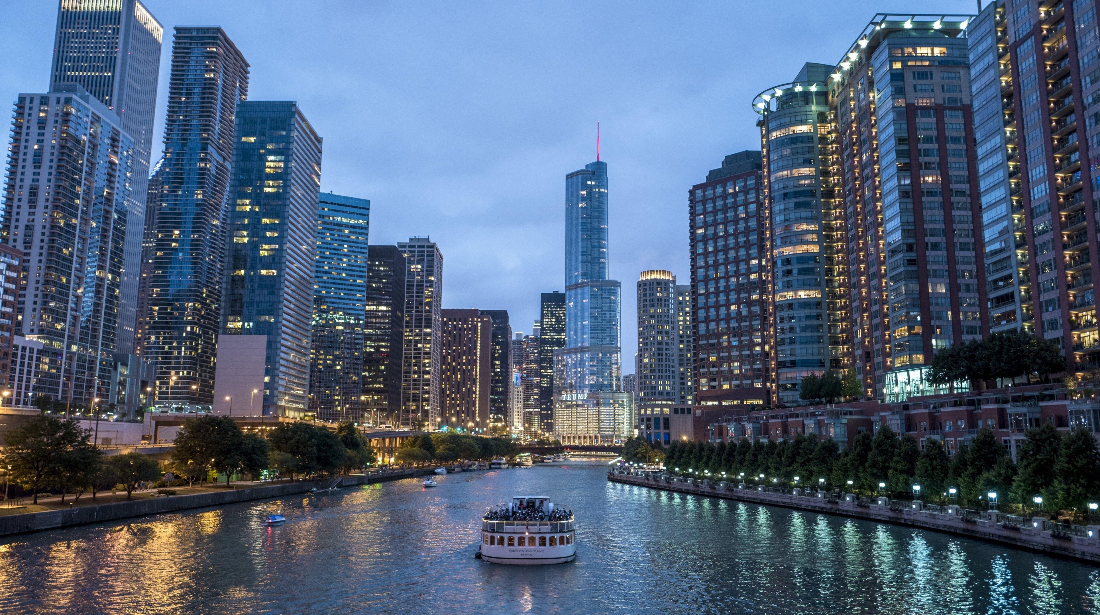 3860x2160 Download 3860x2160 Cityscape, Skyscrapers, River, Buildings, Boat