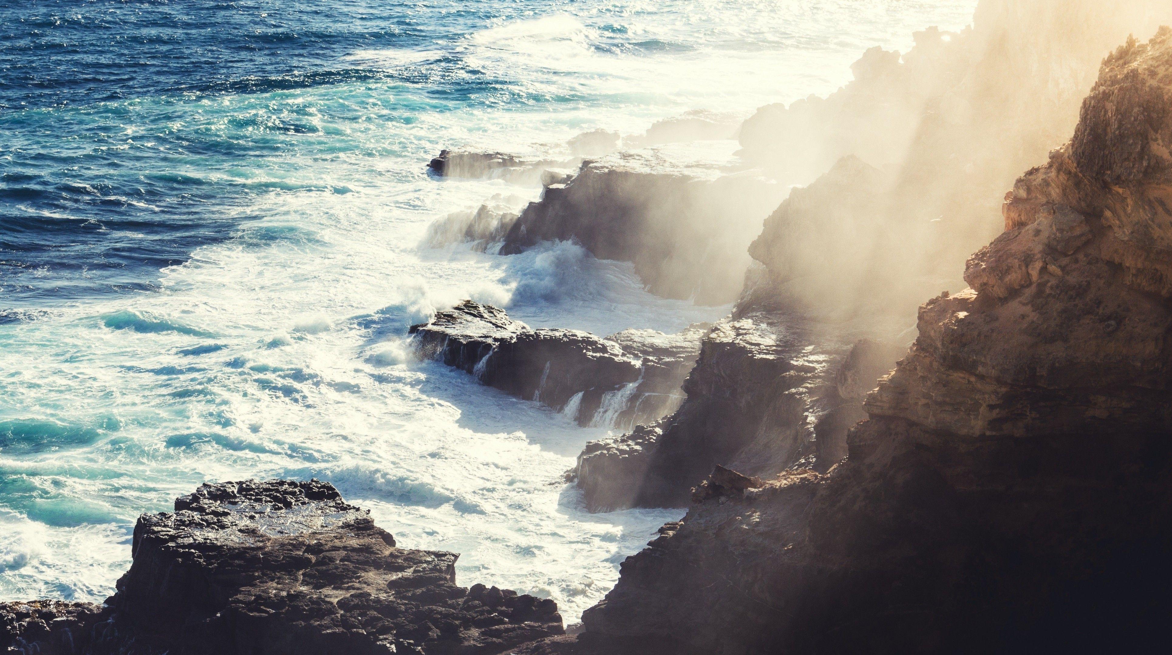 3860x2160 Download 3860x2160 Ocean, Sunshine, Rocks, Waves Wallpaper