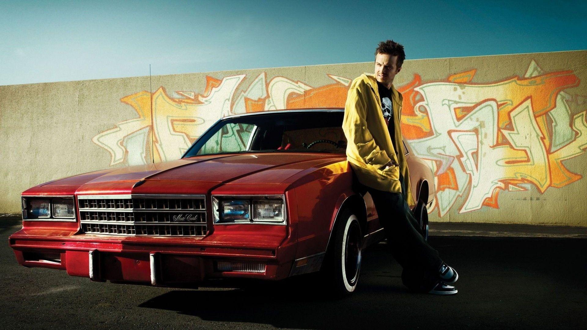 1920x1080 Man leaning on red car, Jesse Pinkman, Aaron Paul, Breaking Bad