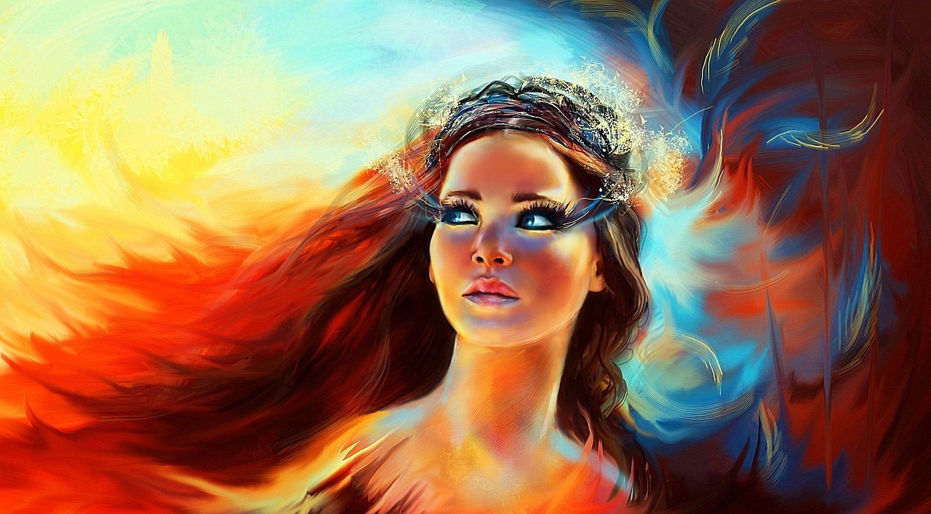 1919x1061 Red haired woman painting, women, artwork, movies, Hunger Games HD wallpaper