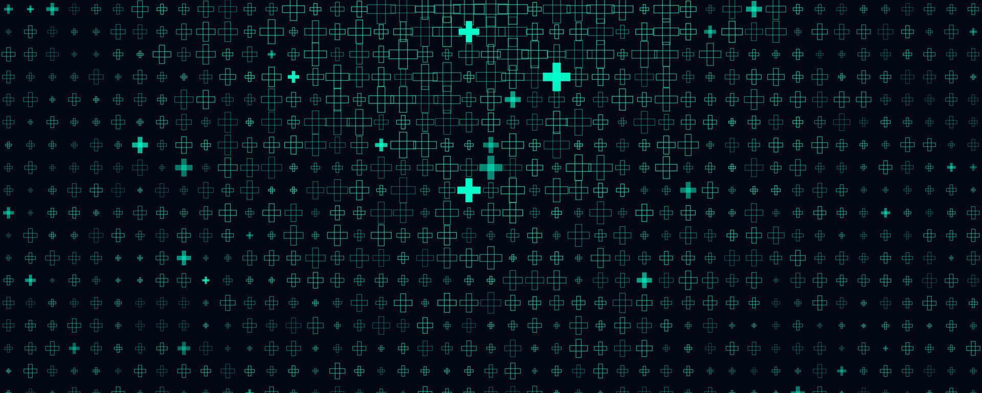 1920x768 First Aid Medical Background Pattern Texture, Scattered Teal Cross Plus Symbols On Dark Tech BG With Subtle Glow, Backdrop Wallpaper For Emergency, Hospital Apps, Presentations. Illustration