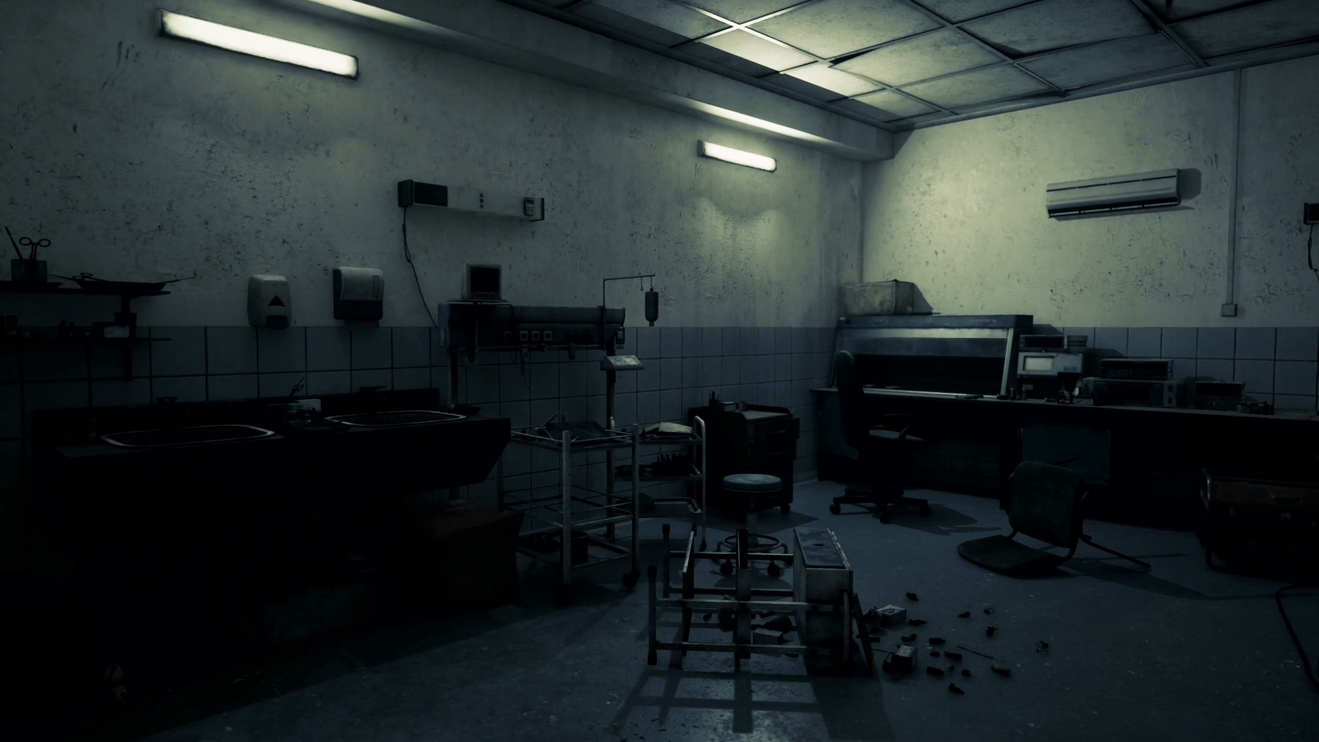 1920x1080 Abandoned surgical room with dim lighting and scattered debris