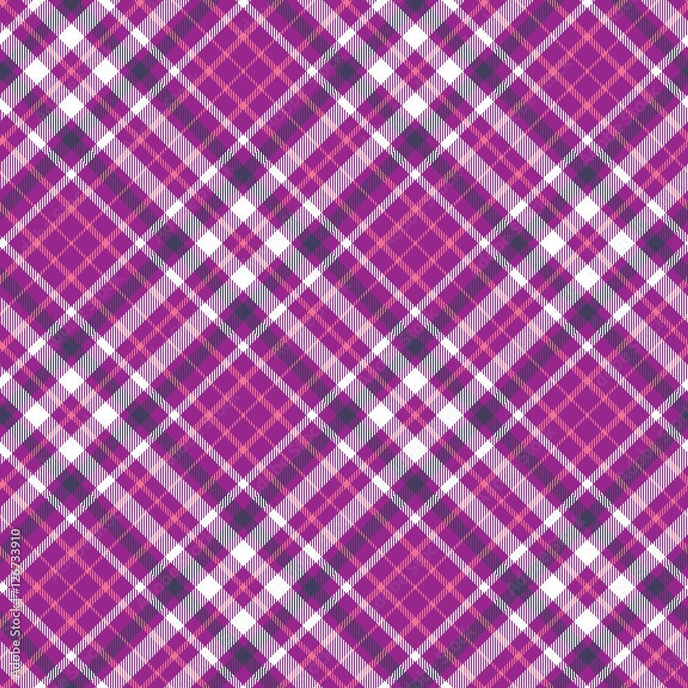 1000x1000 Seamless tartan plaid pattern. Vector checkered wallpaper print. Tartan design in pink, dark purple & white stripes on fuchsia pink background. Stock Vector