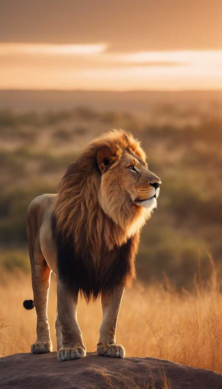 720x1260 A mature, majestic lion standing proudly atop an African hill at sunset. Wallpaper [f976b573901949ca859a]