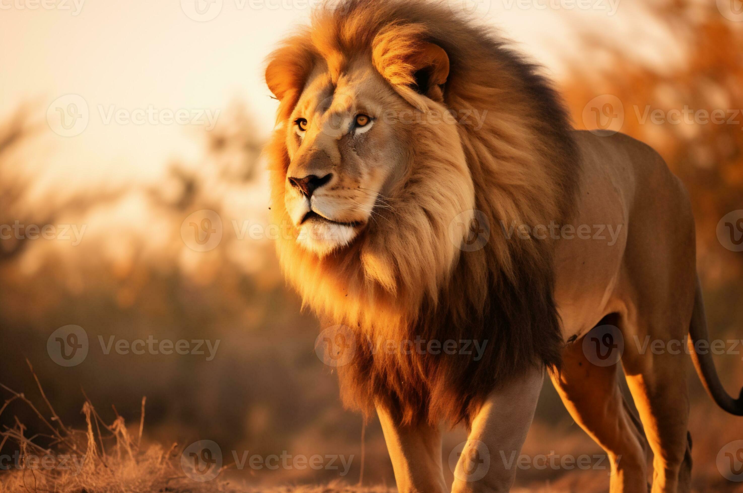 2950x1960 Adult male lion standing in the African savannah during the golden hour of the day. AI generated