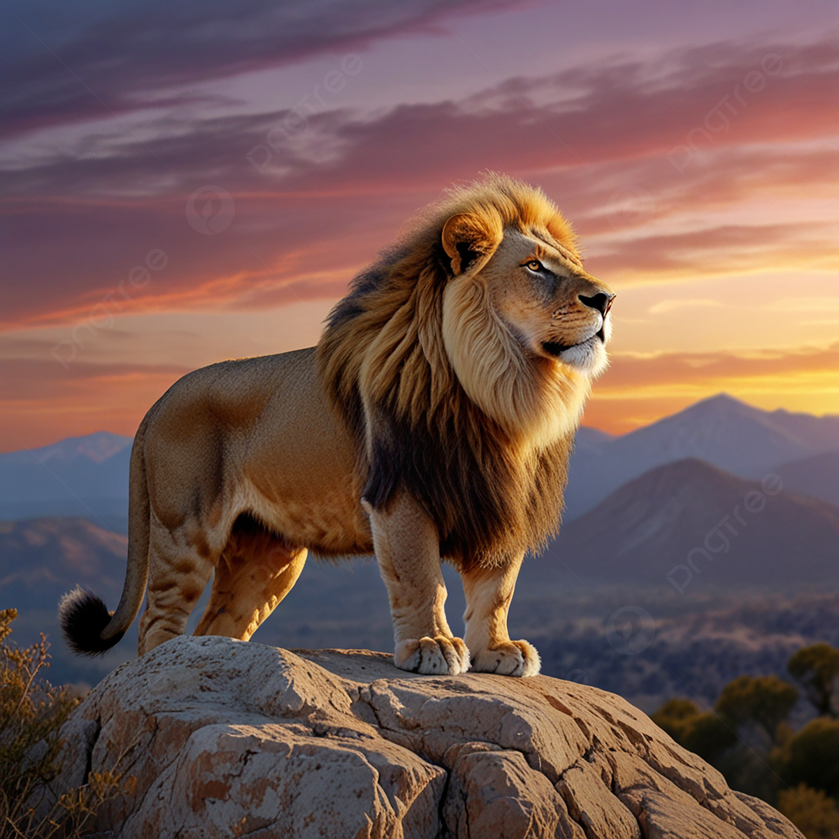 1200x1200 A Regal Lion Standing Proudly On Rocky Outcrop Its Head Held High Against Backdrop Of Glowing Sunset, Majestic, Wildlife, Animal Background Image And Wallpaper for Free Download