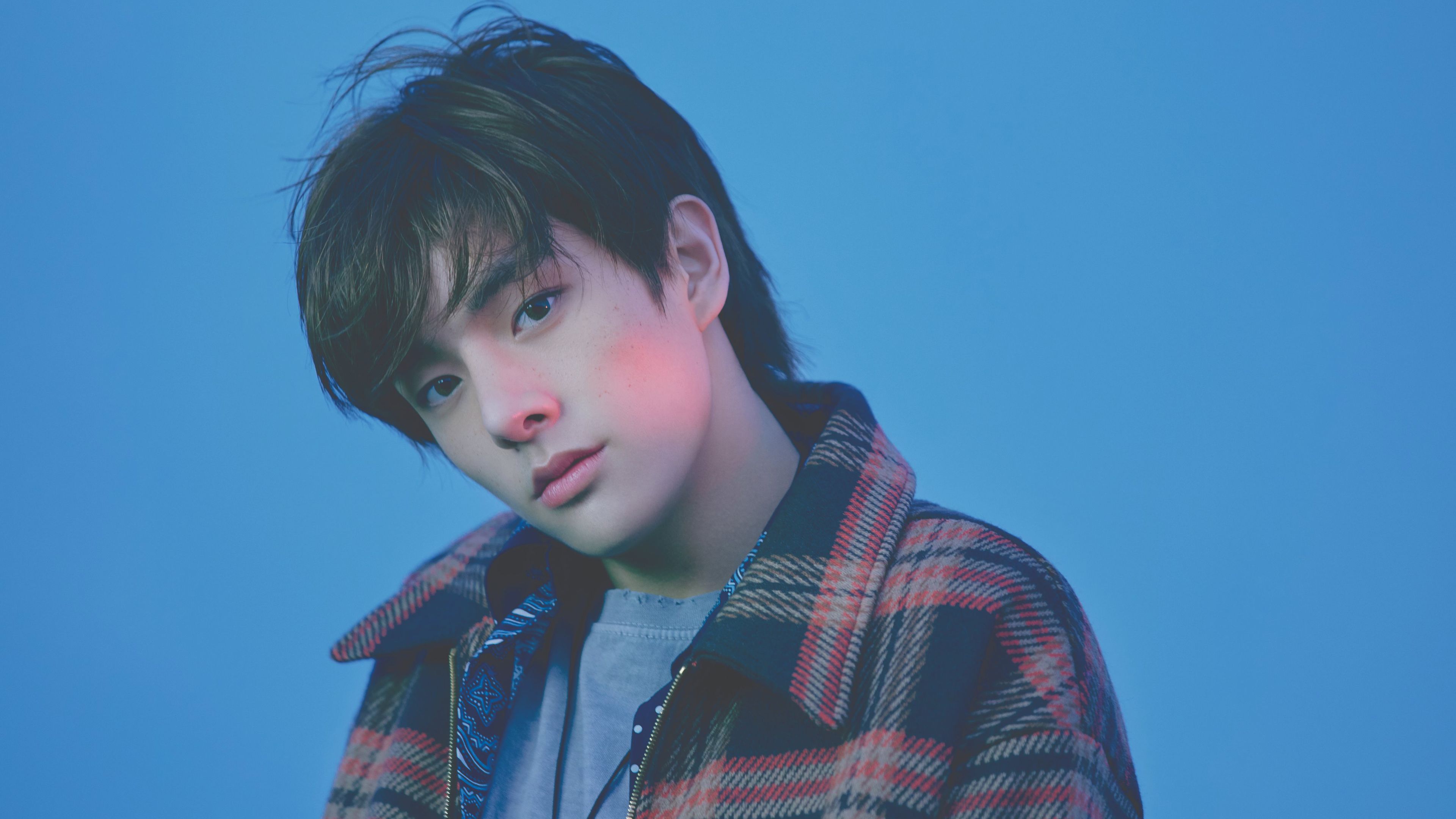 3840x2160 Jake Is Wearing Red Black Stripes Shirt In Blue Background 4K HD ENHYPEN Wallpaper