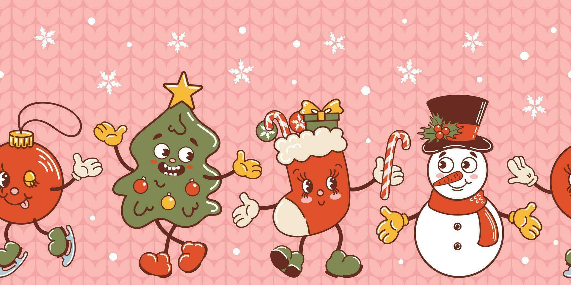 1920x960 Snowman, Christmas tree and stocking and dancing, ball is skating. Cute old retro cartoon style characters. Horizontal seamless border. Knitted ugly sweater. Snowfall. wallpaper, wrapping, background