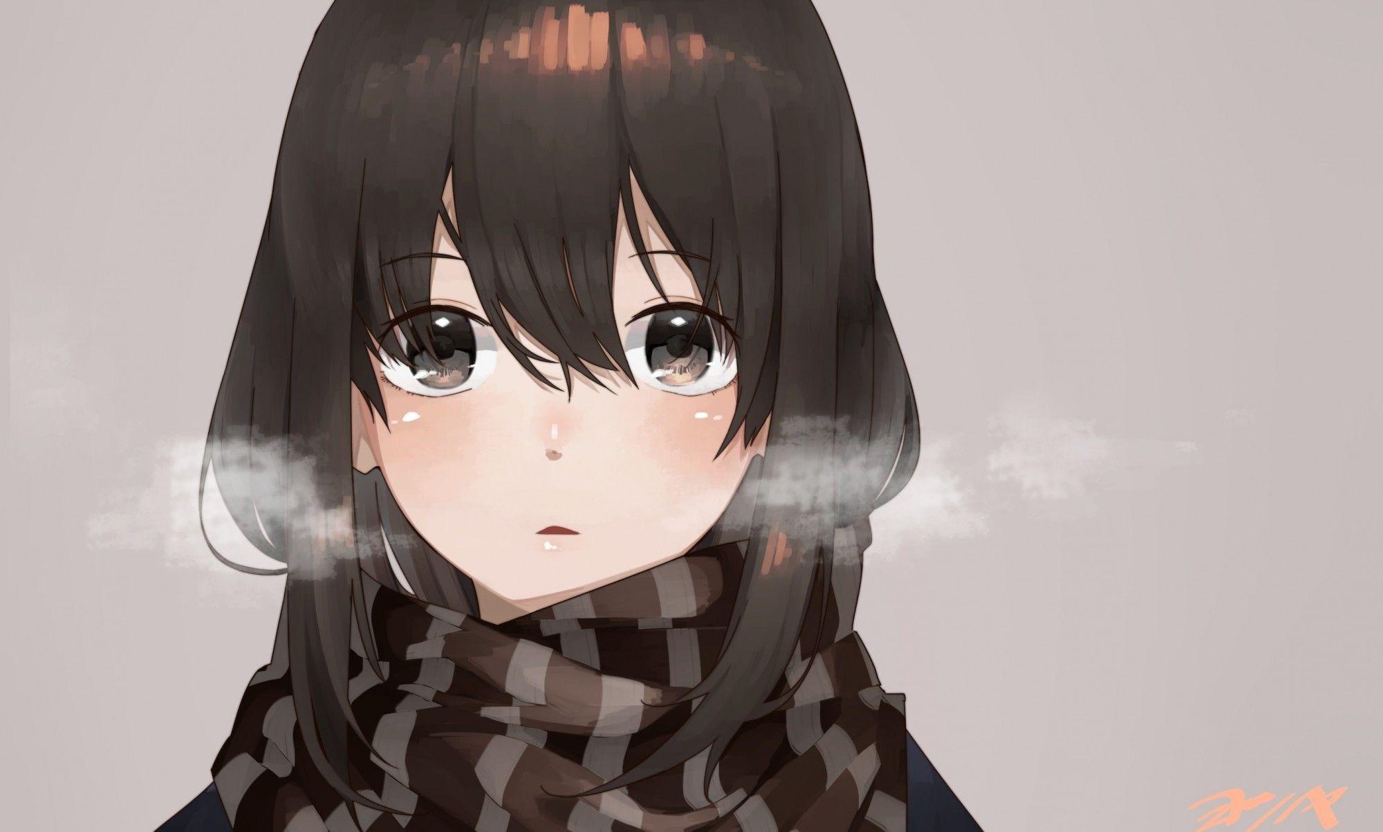 2000x1203 Download 2000x1203 Anime Girl, Brown Hair, Scarf, Face Portrait