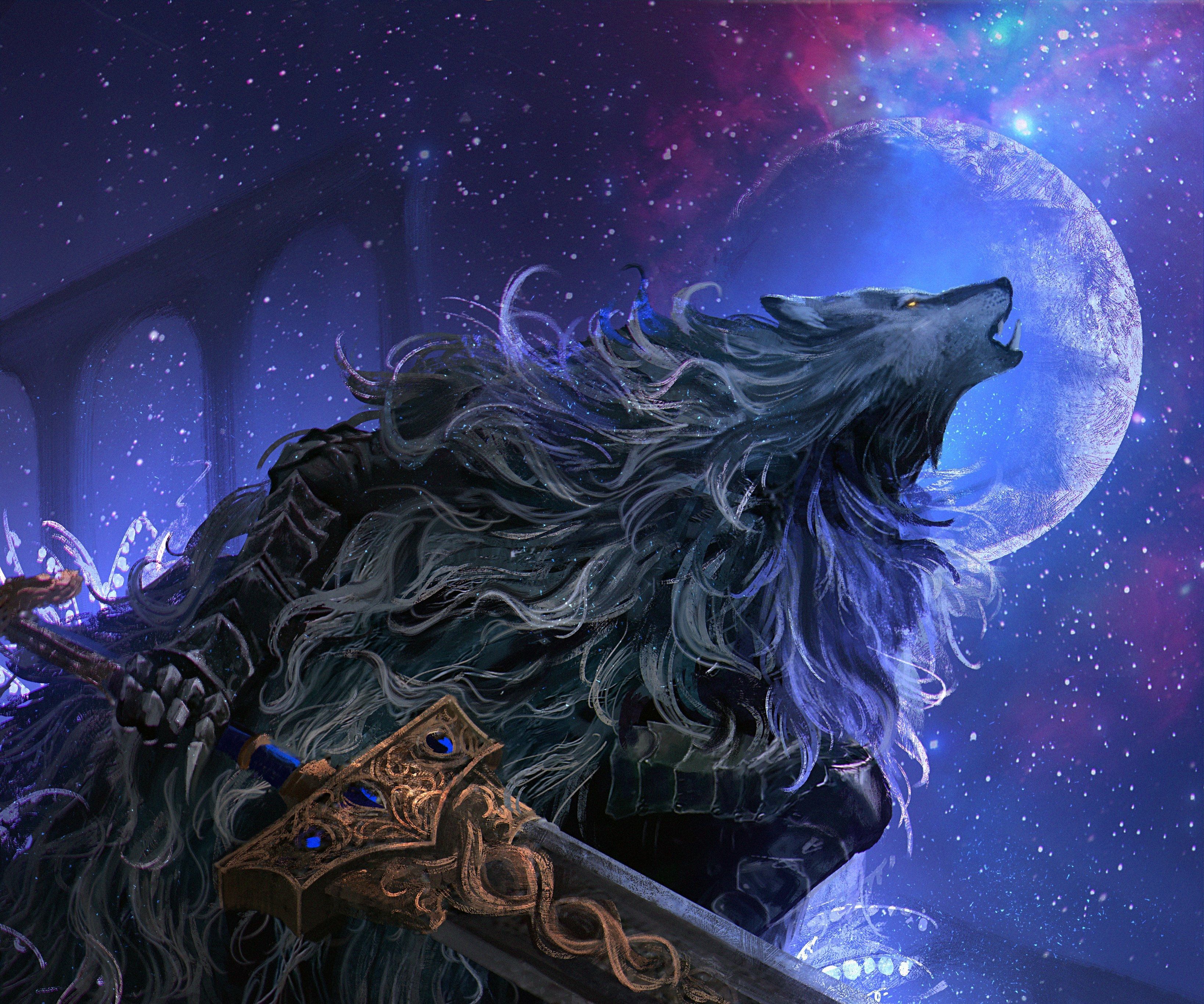3277x2731 Blaidd The Half Wolf Howling Under The Elden Ring Moon