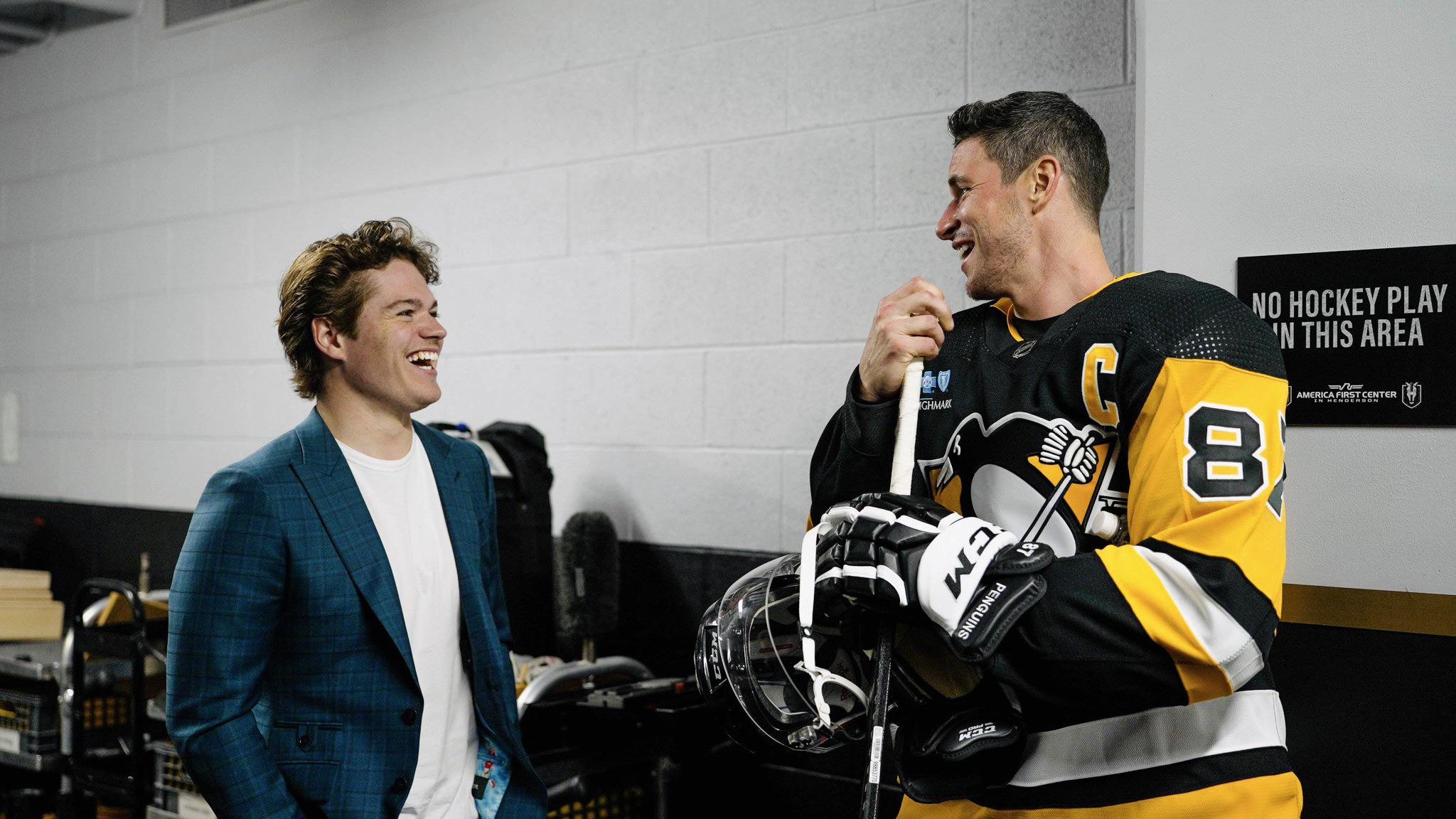 2048x1152 Cole Caufield meeting Sidney Crosby at the NHL player media tour in Vegas