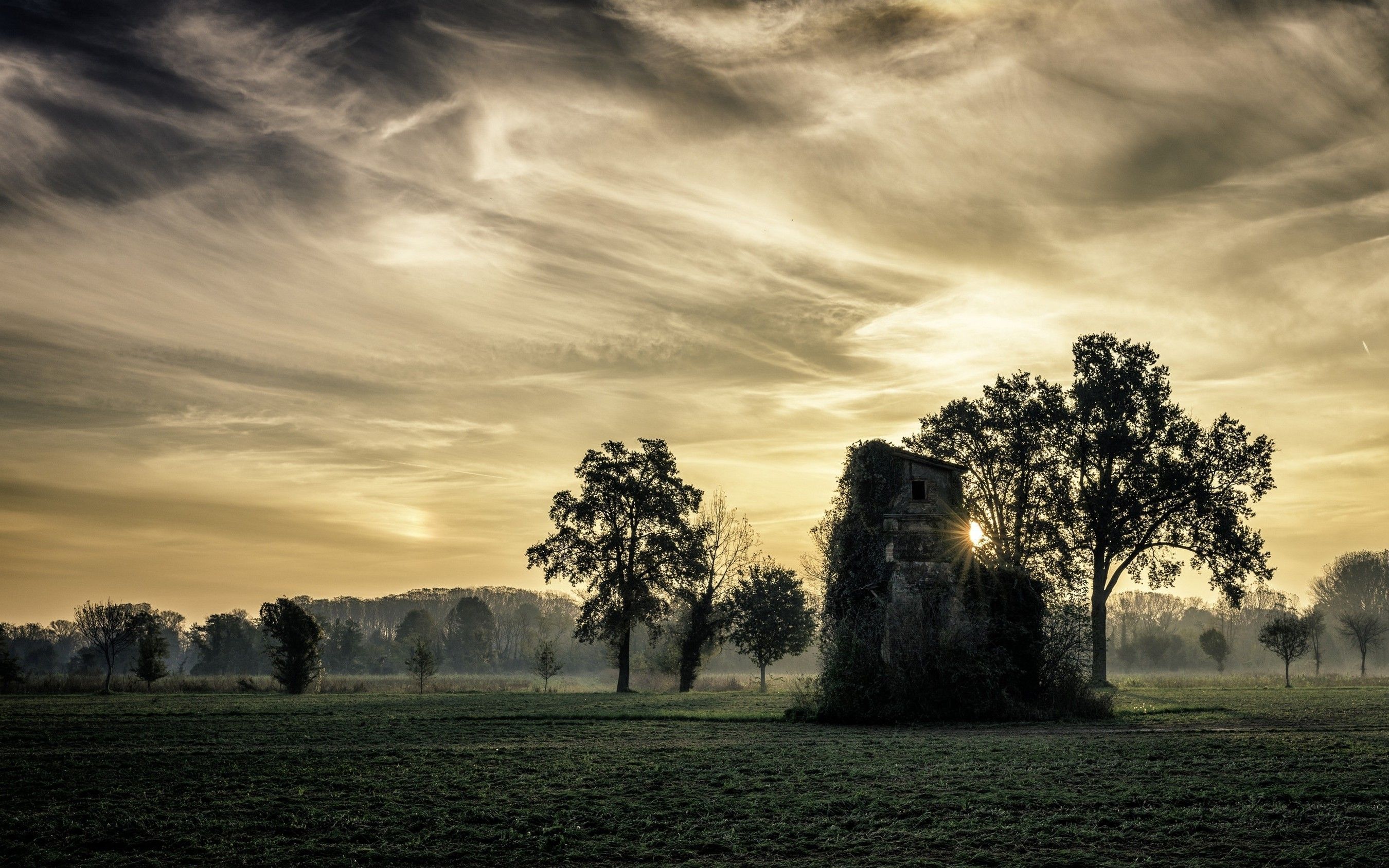 2700x1688 nature, Landscape, Mist, Sunset, Trees, Abandoned, House, Italy, Clouds, Grass, HDR, Field, Sky, Building, Old Building Wallpaper HD / Desktop and Mobile Background