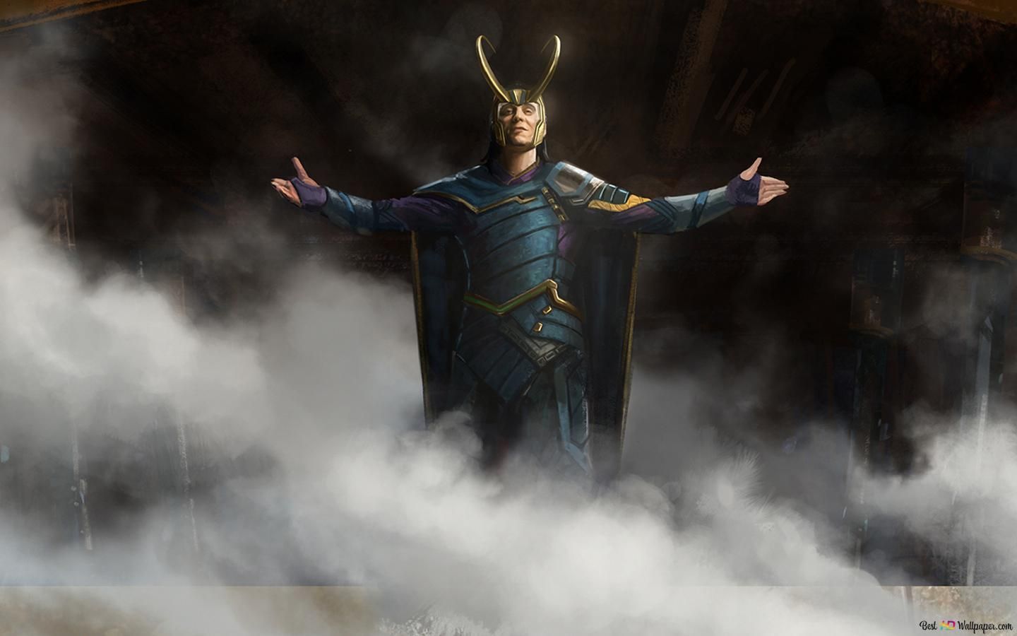 1440x900 Loki has spread his hands and there is a lot of smoke under him. 2K wallpaper download