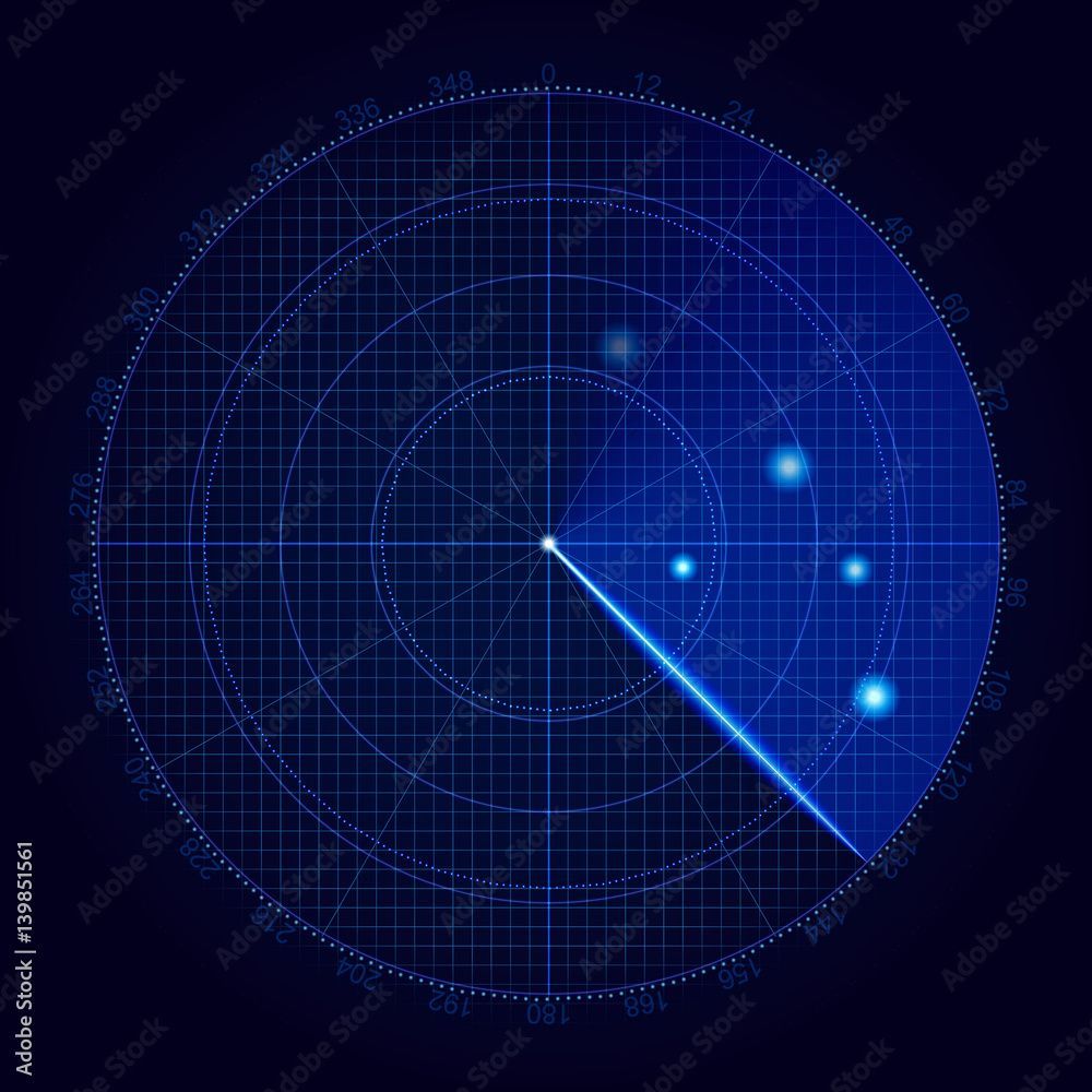 1000x1000 Realistic vector radar in searching. Air search. Military search system blip illustration. Navigation interface wallpaper. Navy sonar. Stock Vector
