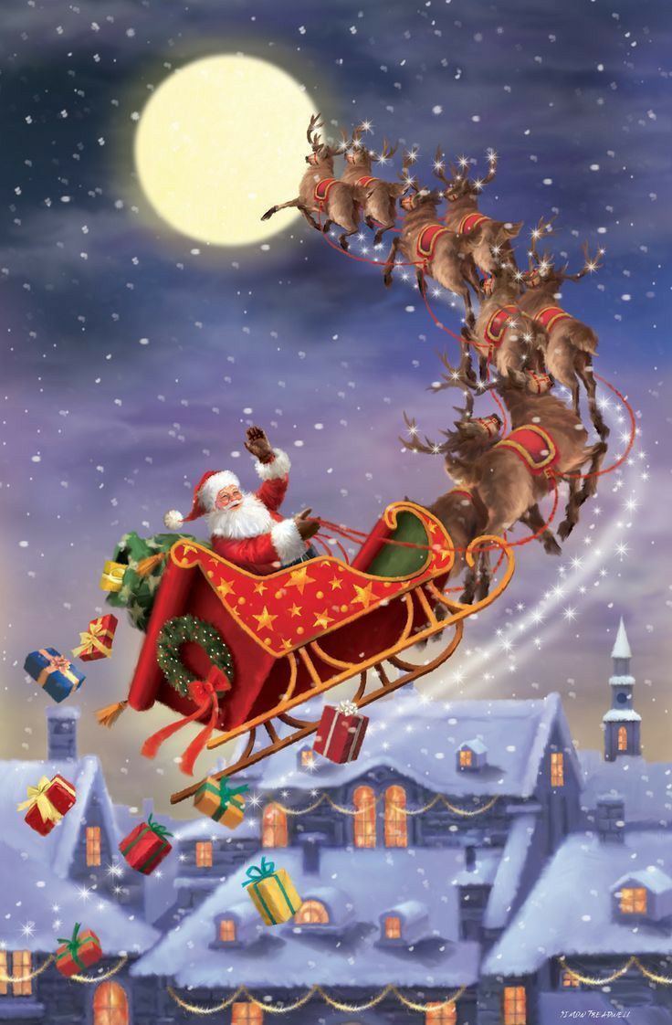 736x1122 Santa Claus in his flying sleigh with his magical reindeer in the night sky of the full moon for Christmas
