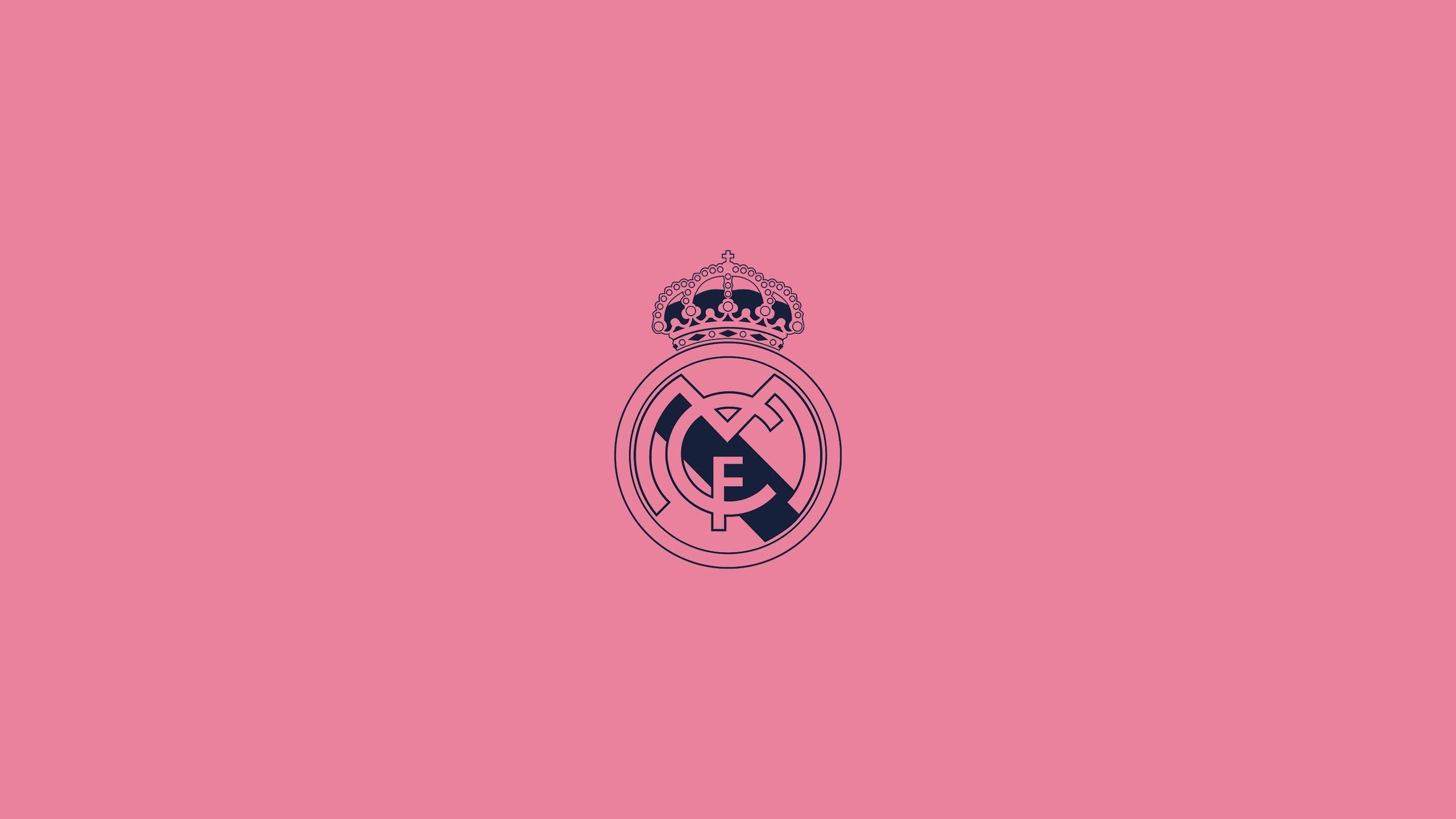 2560x1440 Crest Emblem Logo Soccer Symbol Light Pink Background HD Real Madrid C.F Wallpaper