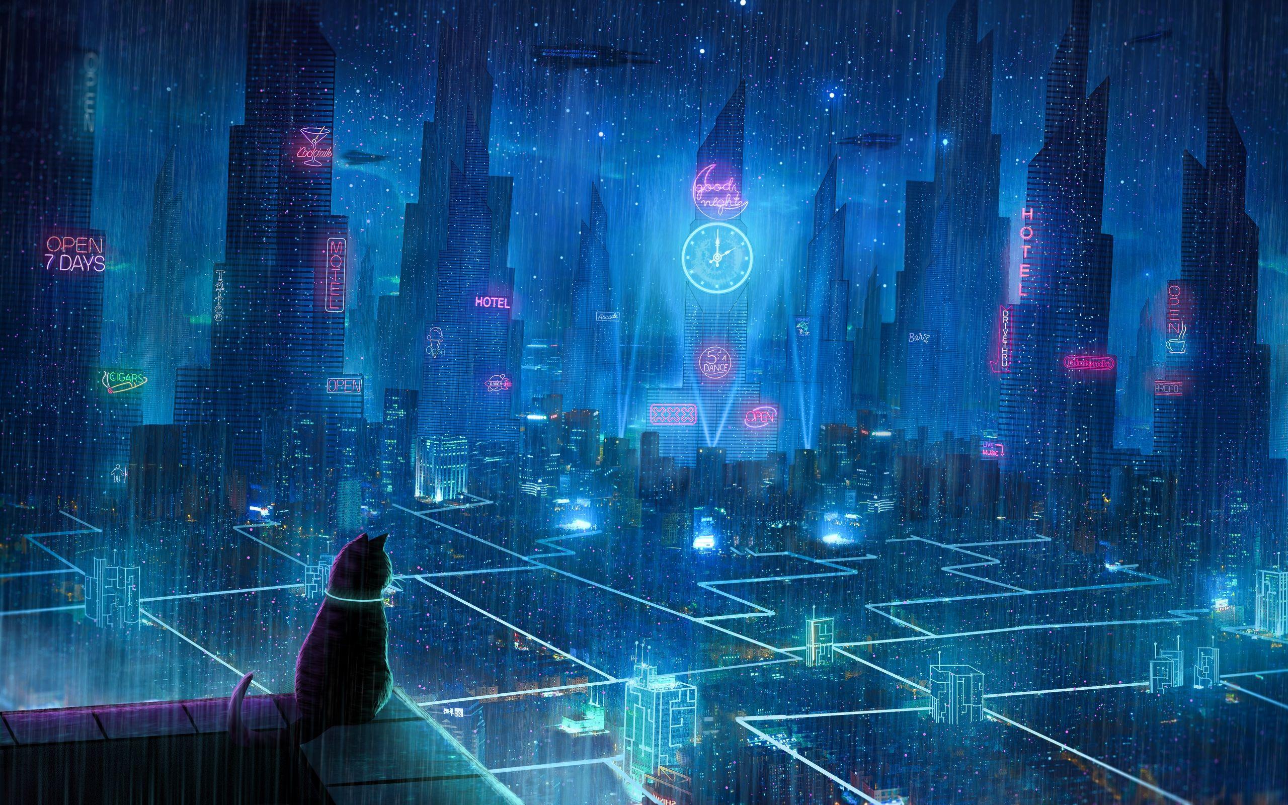 2560x1600 Download wallpaper 2560x1600 cat, roof, city, neon lights