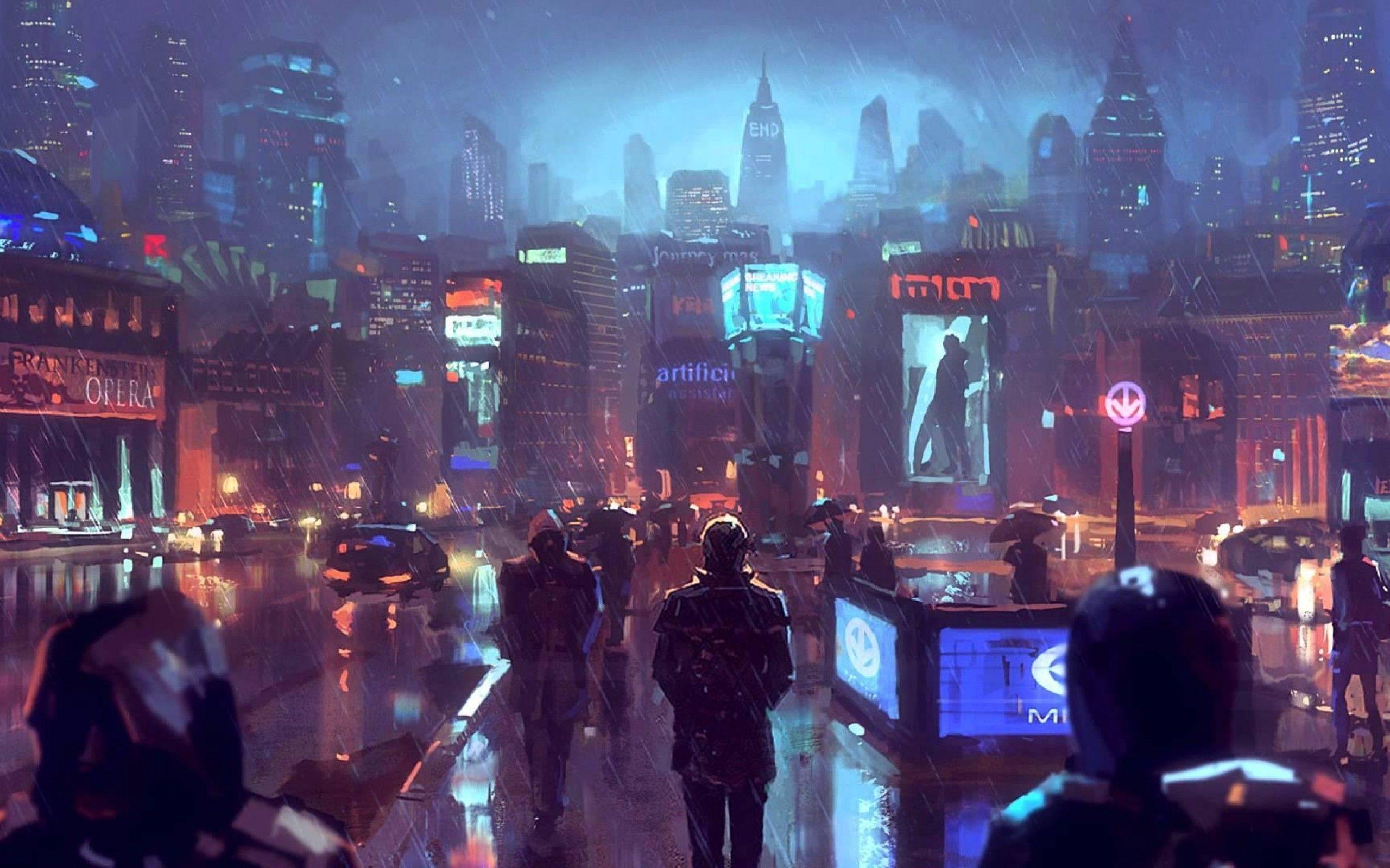2560x1600 Download 2560x1600 Cyberpunk City, Sci Fi, Raining, People