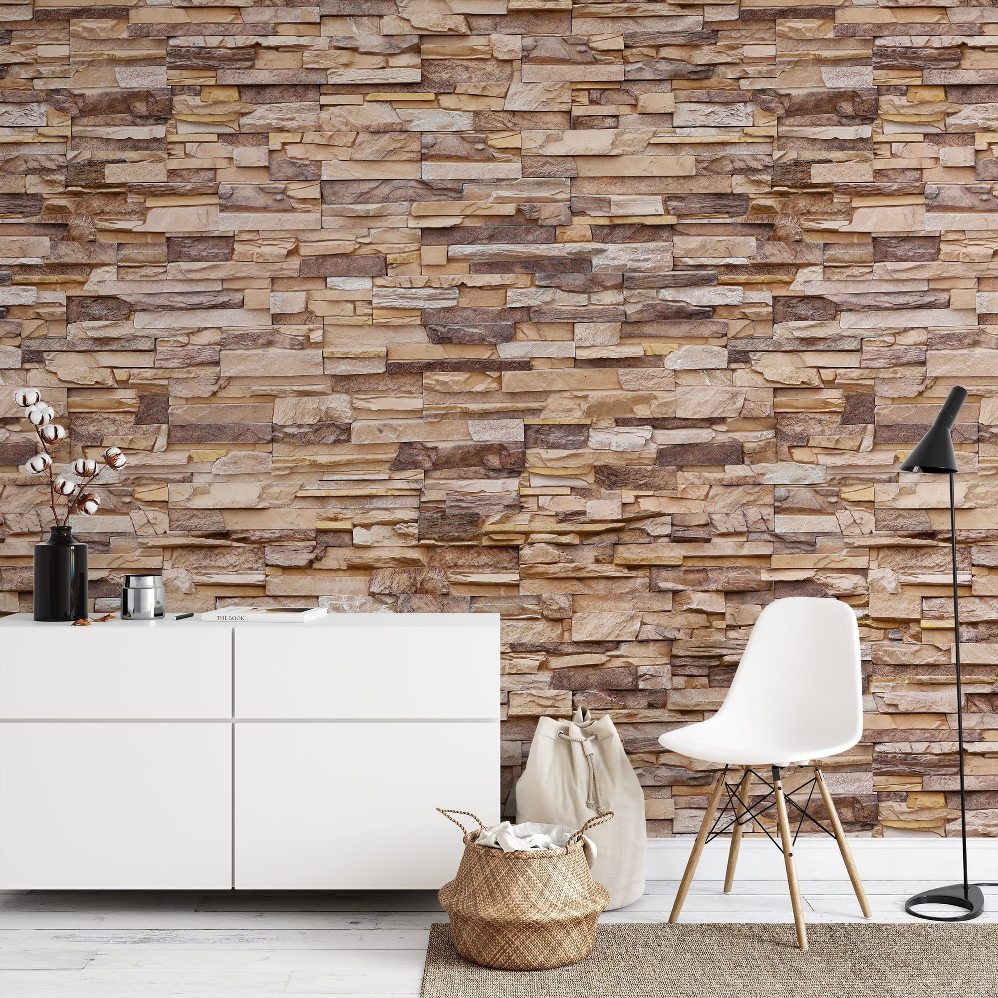 2000x2000 Stone Brick Wall Wallpaper, Neutral Textured Stone Cladding Peel & Stick Wall Mural