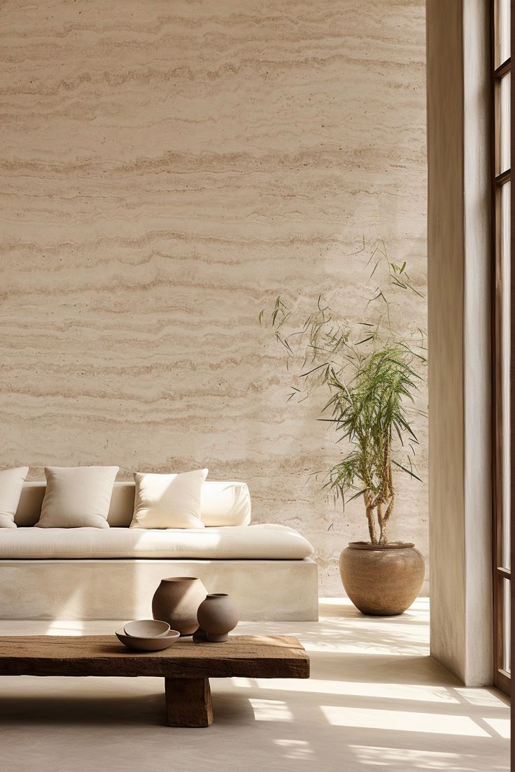 736x1104 Warm Home Aesthetic Travertine Wallpaper. Neutral Stone Effect Mural