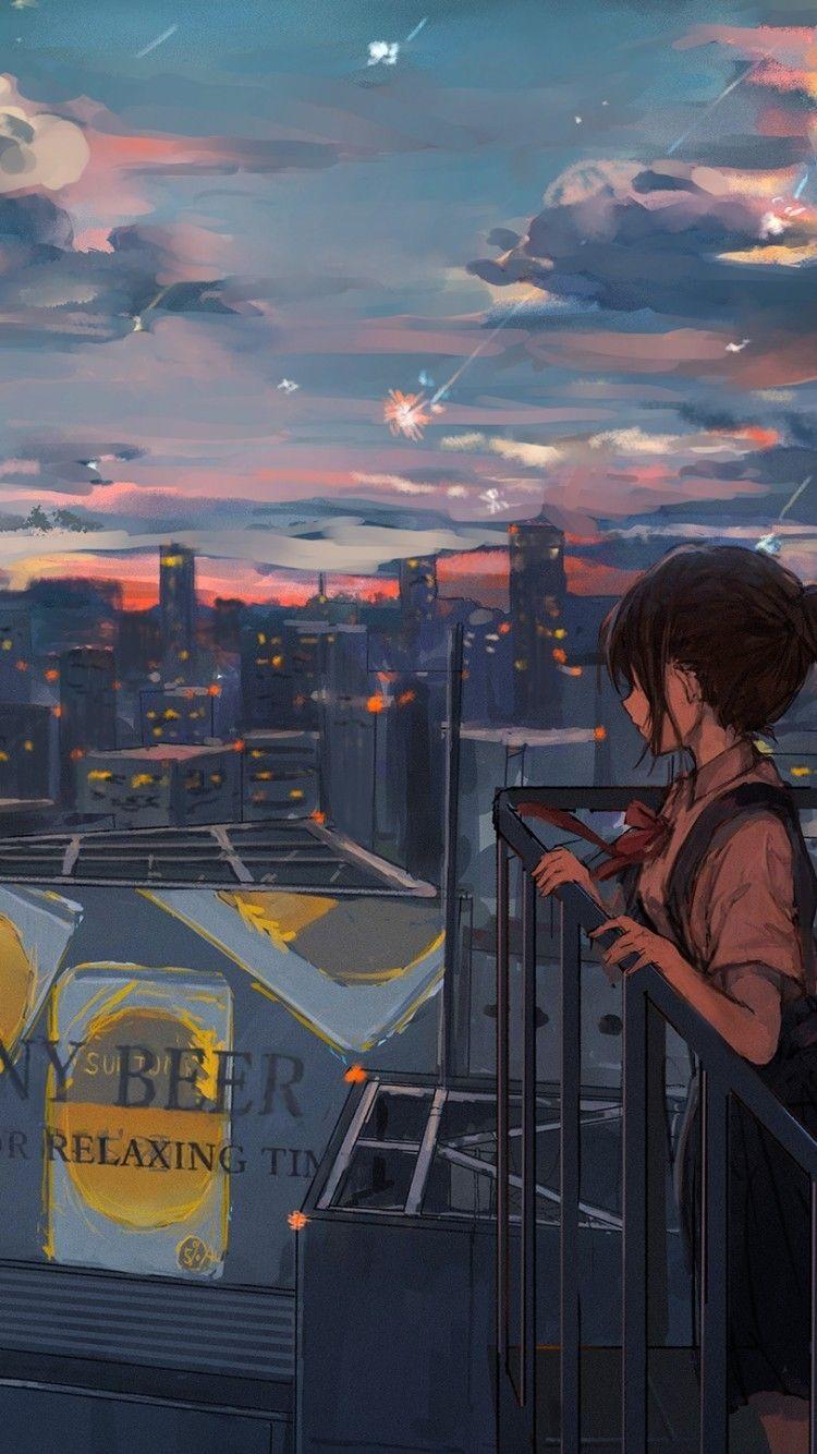 750x1334 Download 750x1334 Anime Girl, Sadness, Falling Stars, Cityscape, Scenic, Rooftop Wallpaper for iPhone iPhone 6