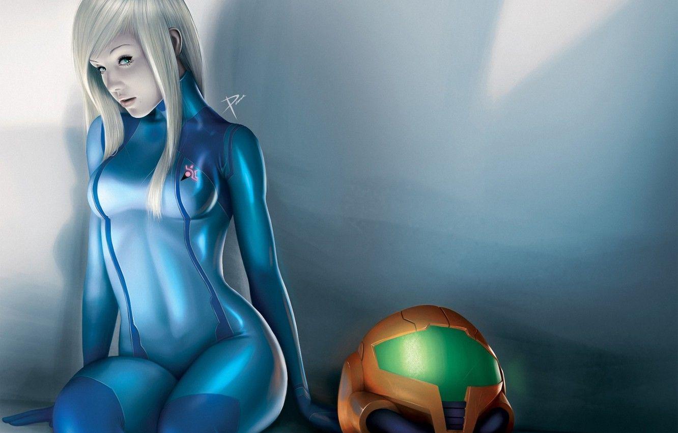 1332x850 Wallpaper girl, art, costume, helmet, sitting, metroid, zero suit