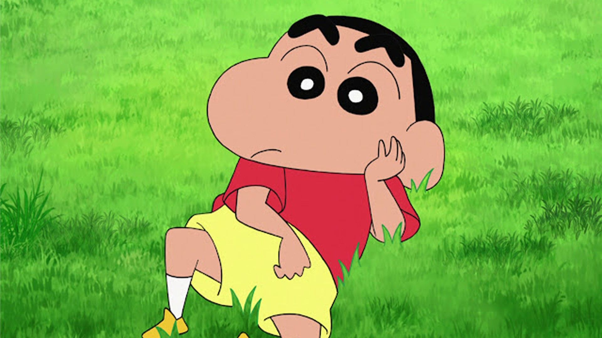 1920x1080 Shin Chan In Red Dress On Green Grass HD Shin Chan Wallpaper