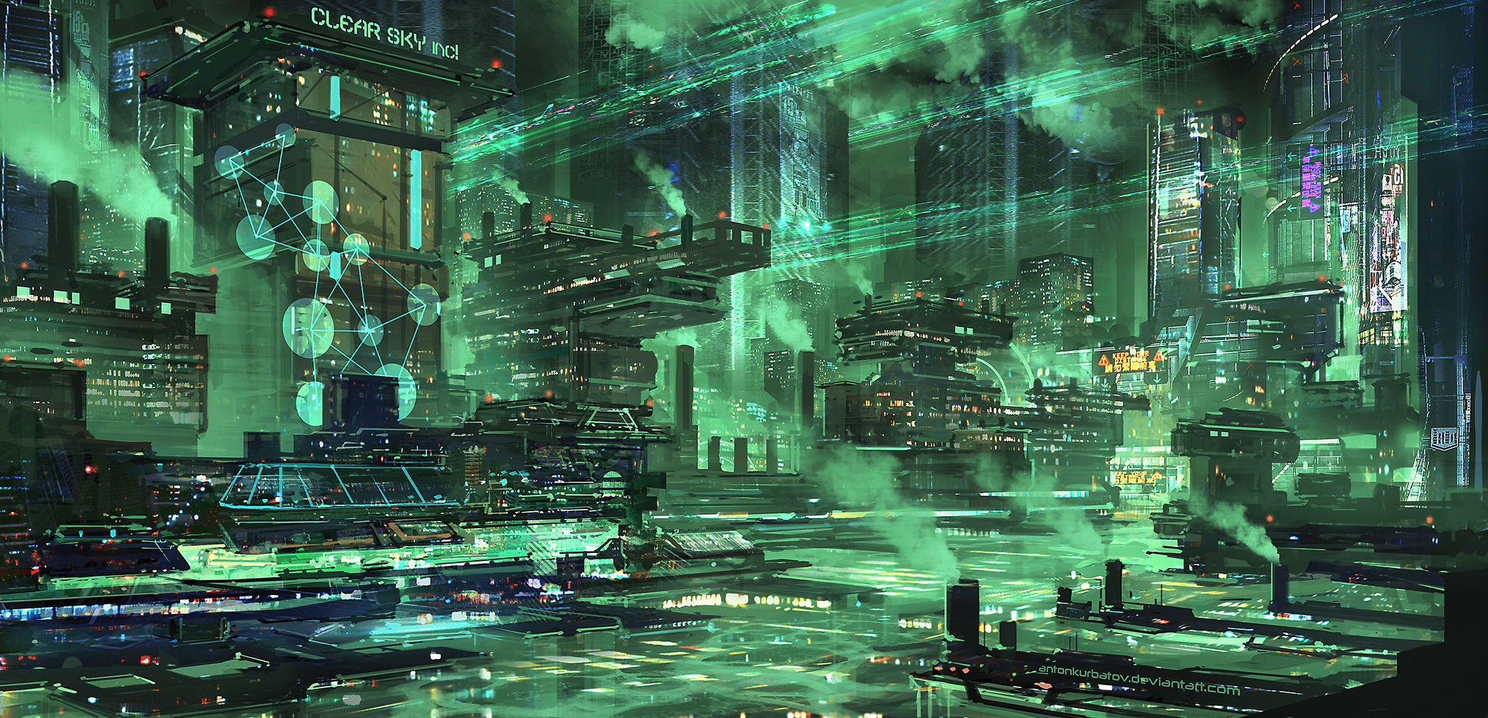 2091x1010 Neon Skyline: Futuristic Sci Fi Cityscape HD Wallpaper By Anton Kurbatov