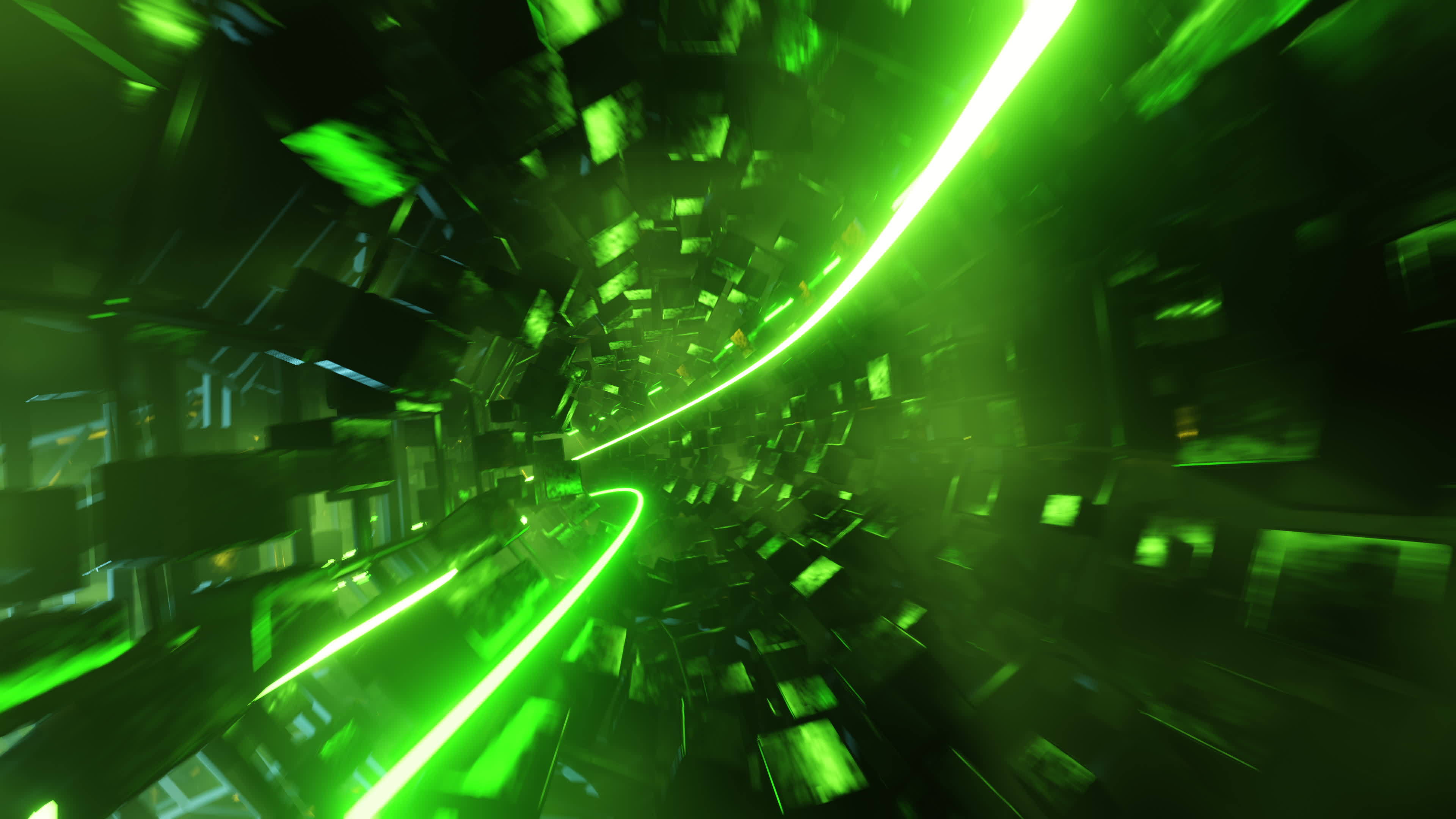 3840x2160 Flight In Abstract Green Sci Fi Tunnel. Infinitely Looped Animation