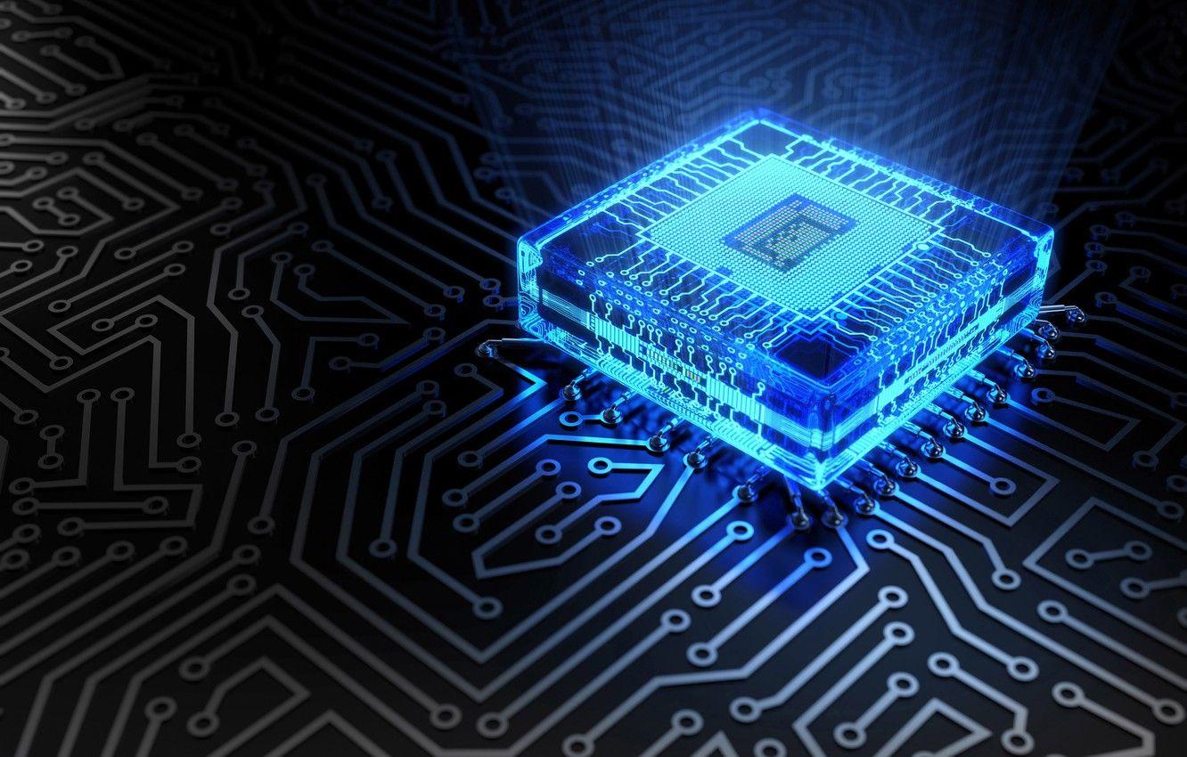 1332x850 Wallpaper macro, blue, chip, color, glow, fee, track, processor