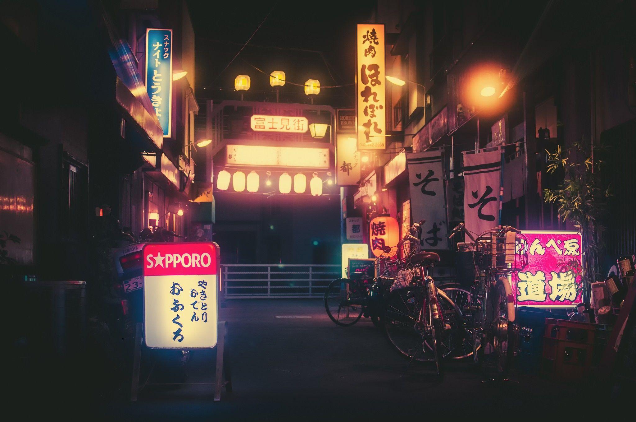 2048x1357 #neon, #Japan, #Sapporo, #katakana, #kanji, #bicycle