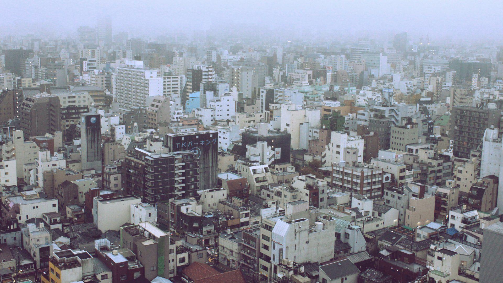 1920x1080 city, Town, Japan, Parking lot, Kanji, Katakana, Mist, Building