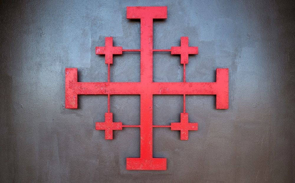 1000x620 Cross symbol on the wall of St. John Baptist Church, Acre, Israel Poster Print by Panoramic Image # VARPPI183169