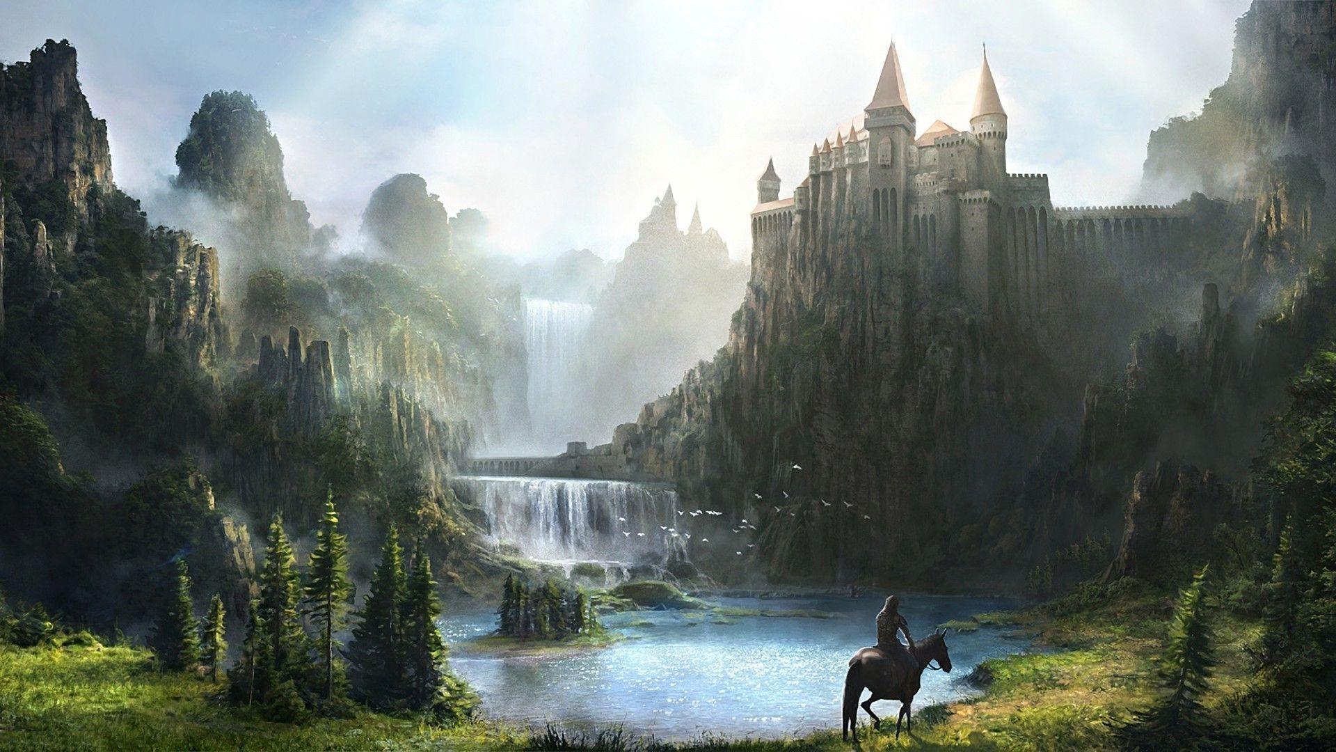 1920x1080 Free download Fantasy Waterfall Castle HD Wallpaper Man Riding