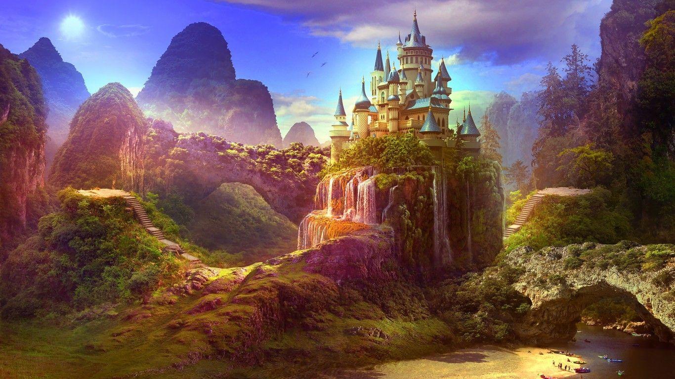1366x768 Download 1366x768 Fantasy Castle, Waterfall, Paradise, Heaven