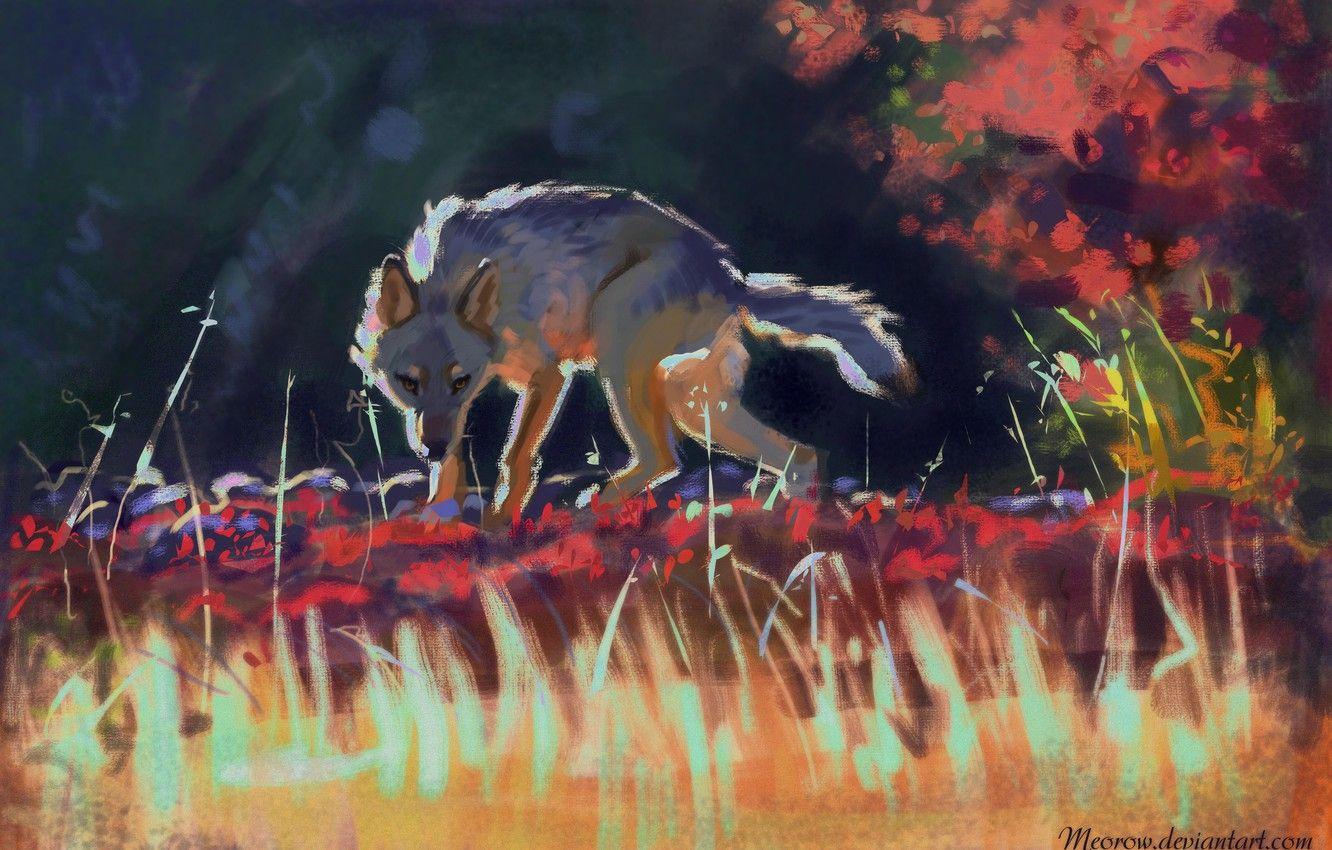 1332x850 Wallpaper grass, animals, art, predator, wolf, painting, paint, artwork, wildlife, acrylic, 5k HD background, Emily McLaughlin, acrylic paint image for desktop, section арт