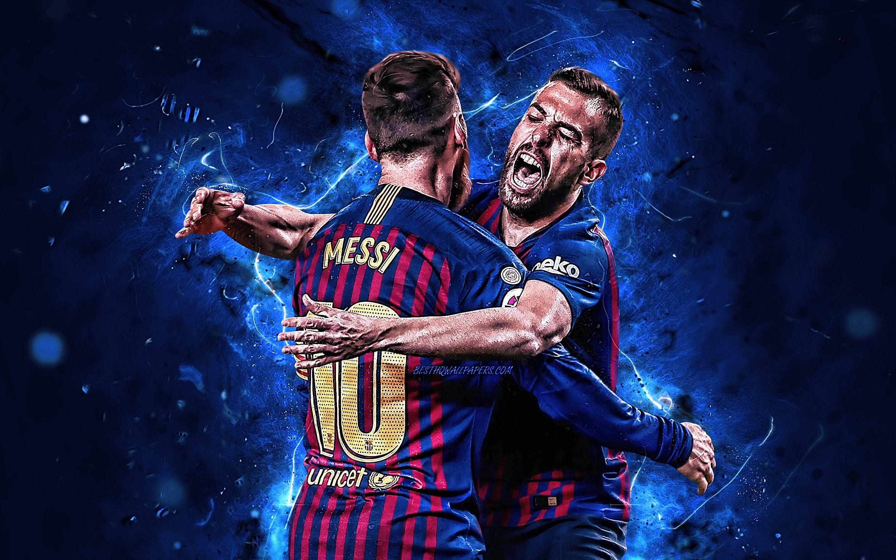 2880x1800 Download wallpaper Jordi Alba, Lionel Messi, goal, football stars