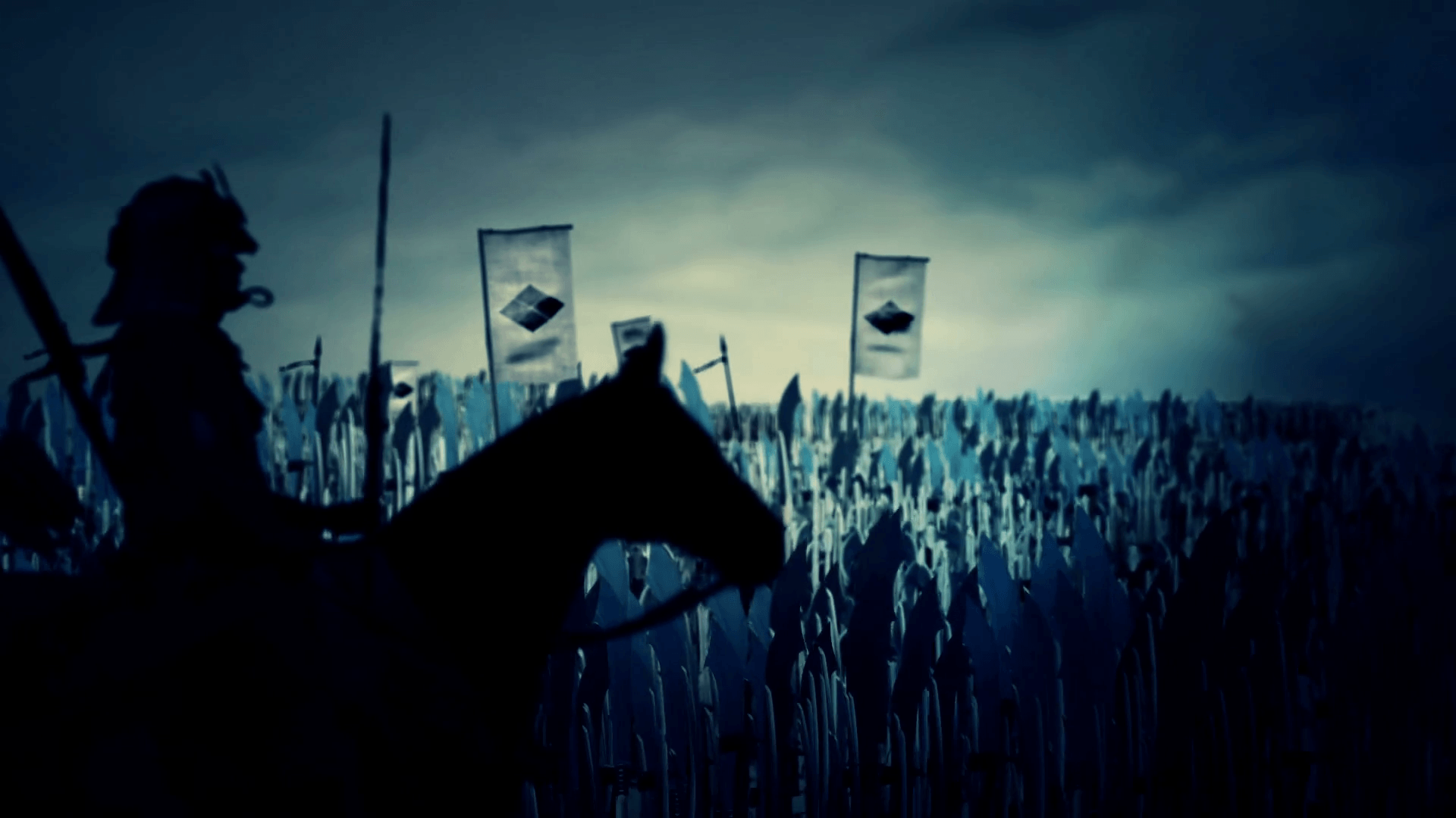1920x1080 Japanese Army Marching to Battle Carrying Kamon Crest Symbols Motion