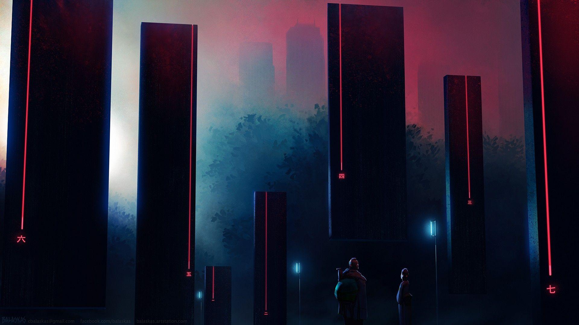 1920x1080 #Monolith, # cấu trúc, #cyberpunk, #red, #pillar, #black