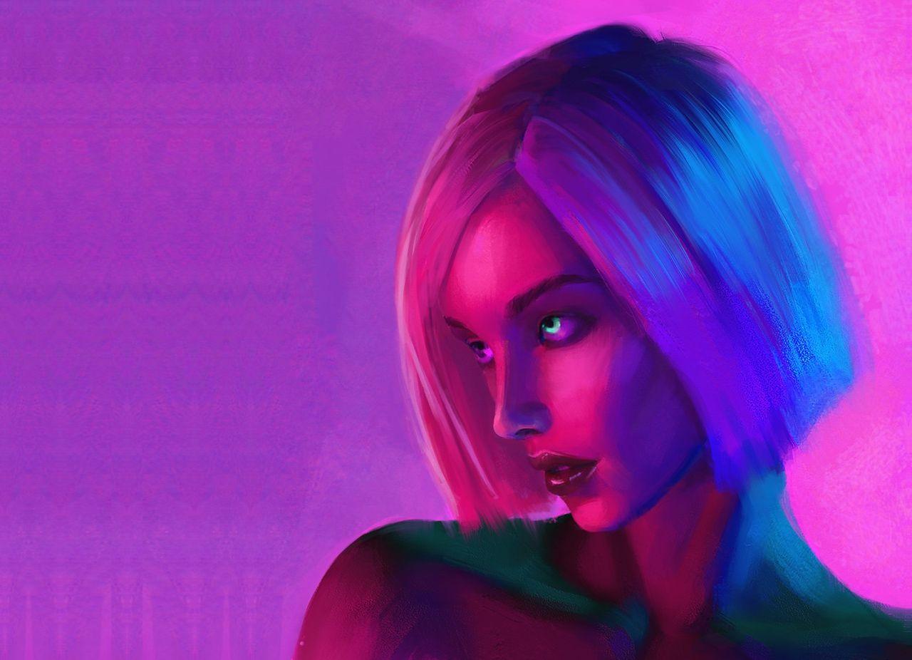 1280x926 #synthwave, #face, #red lipstick, #artwork, #short hair