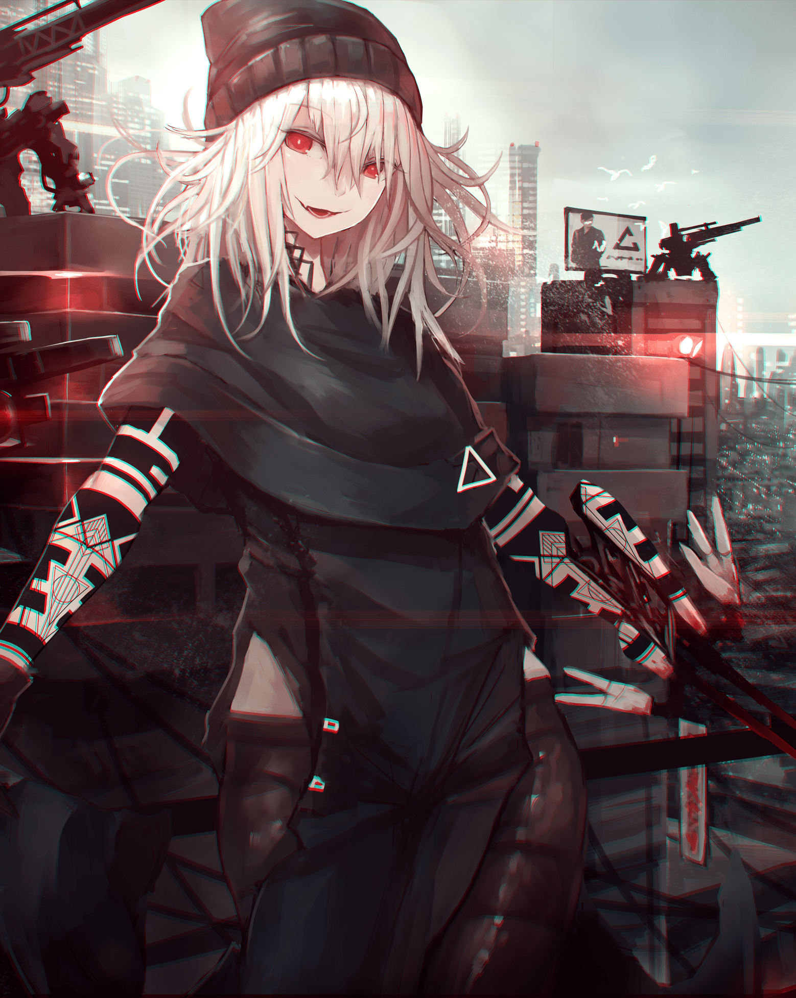 1558x1953 #long hair, #gray hair, #anime girls, #cyberpunk, #red